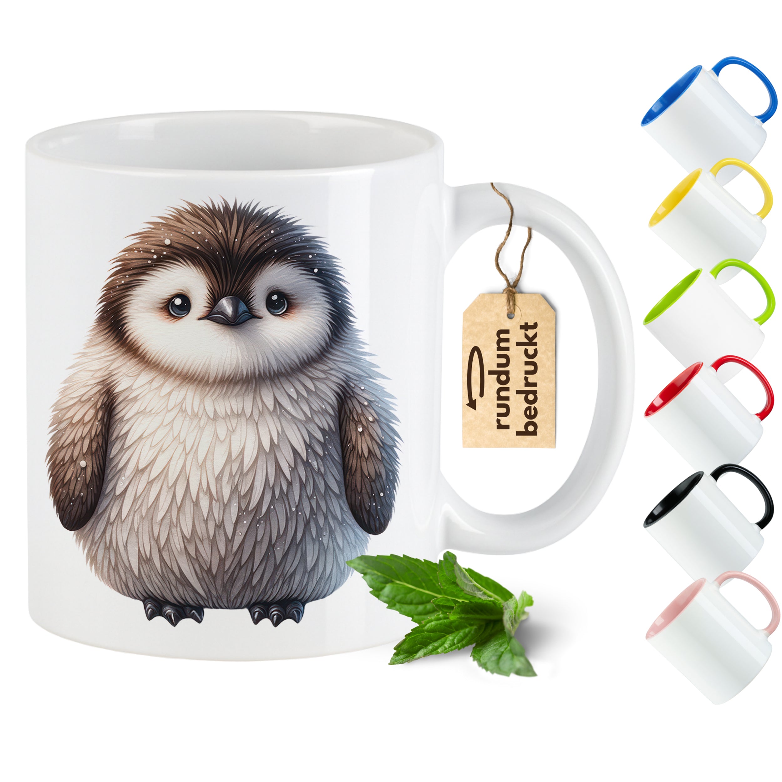 Kaffeetasse mit niedlichem Pinguin-Motiv, weiße Farbe.