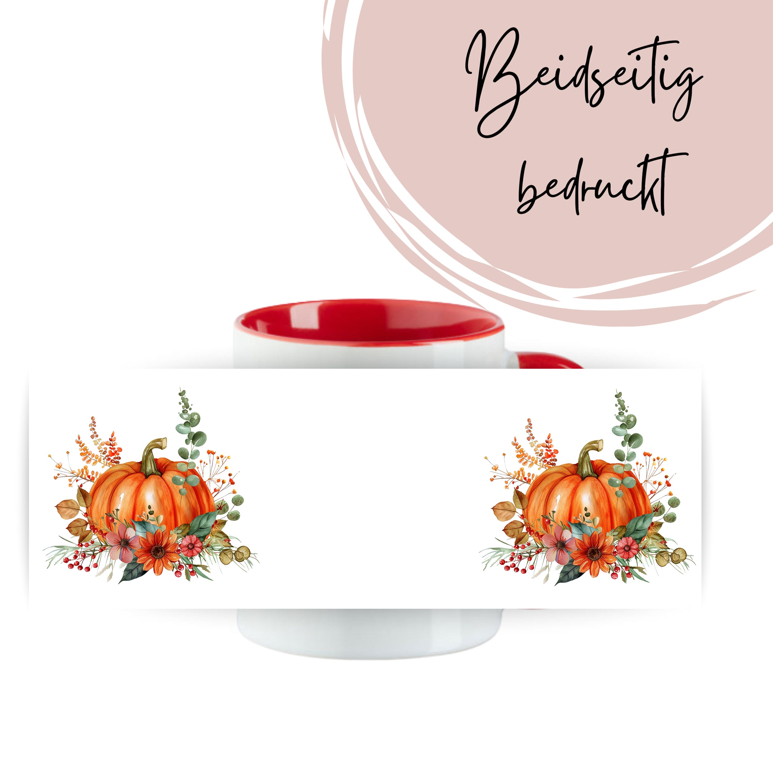 Beidseitig bedruckte Tasse mit Kürbis- und Blumenmotiven.
