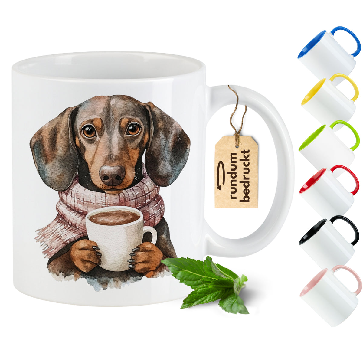 Tasse mit Dackel-Motiv, weiß, farbige Henkel.