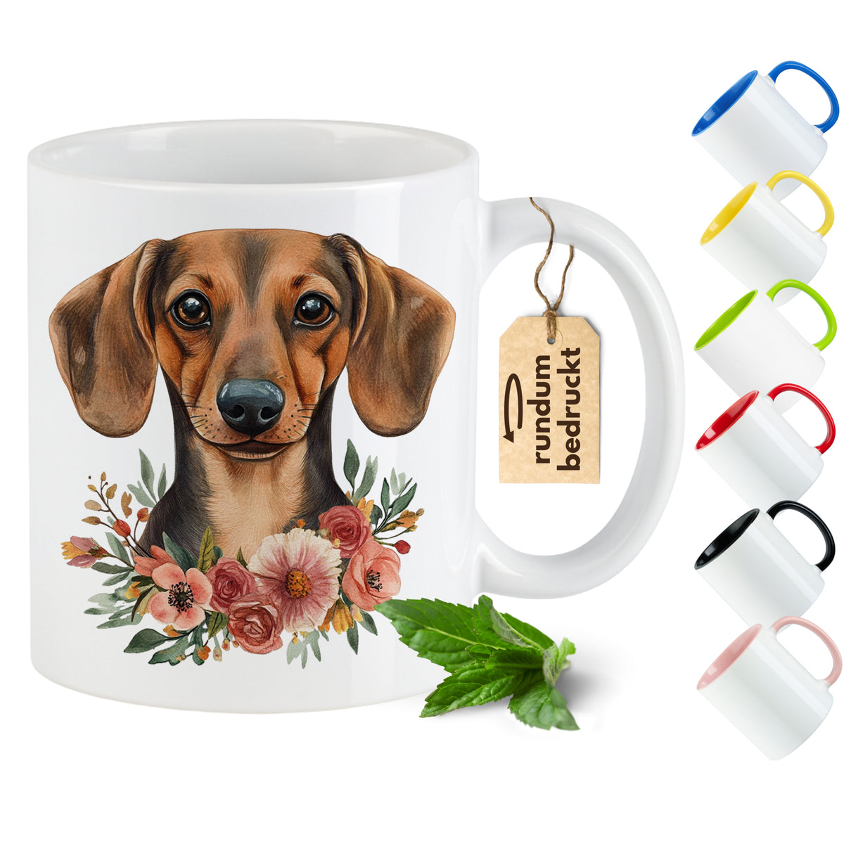 Tasse mit Dackelmotiv und Blumen, weiß.