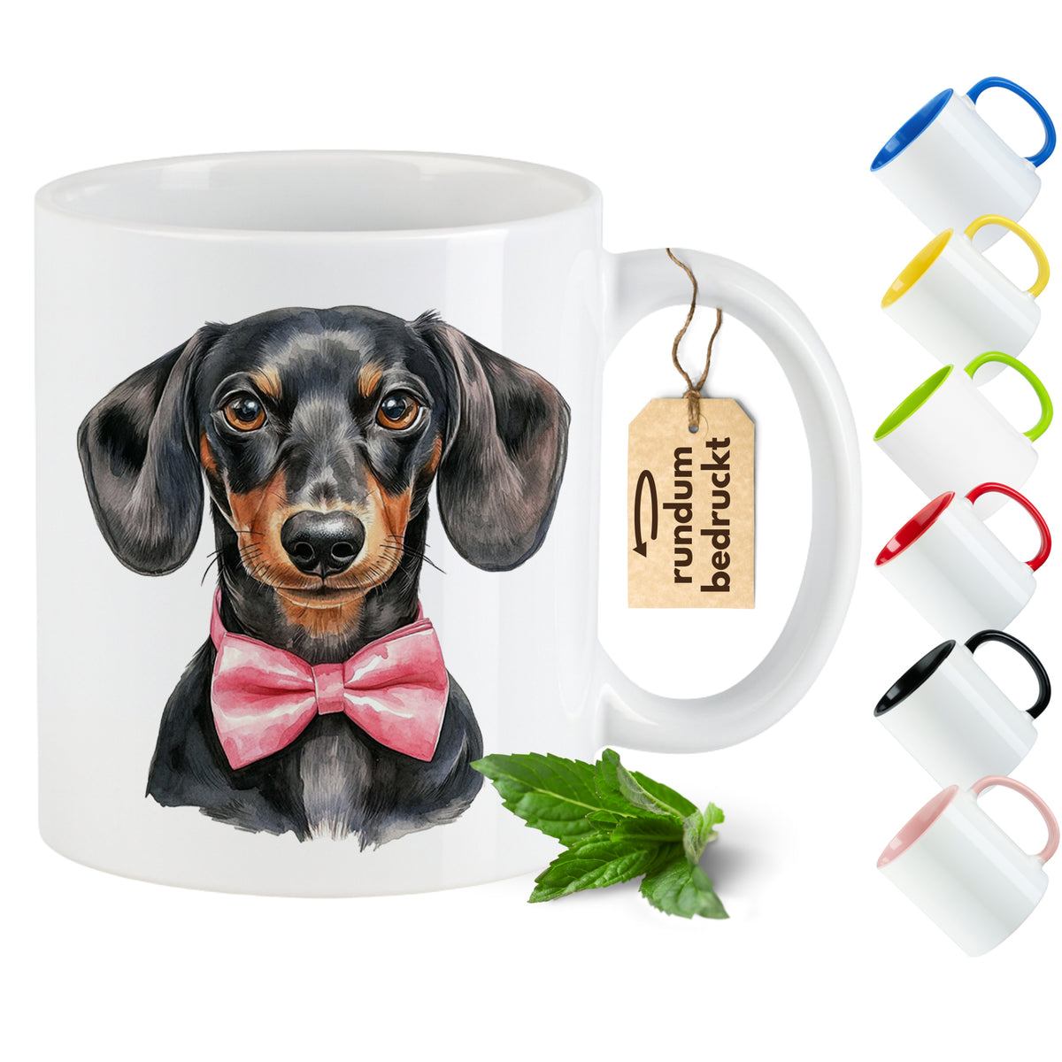 Tasse mit Dackelmotiv und rotem Fliegenband.