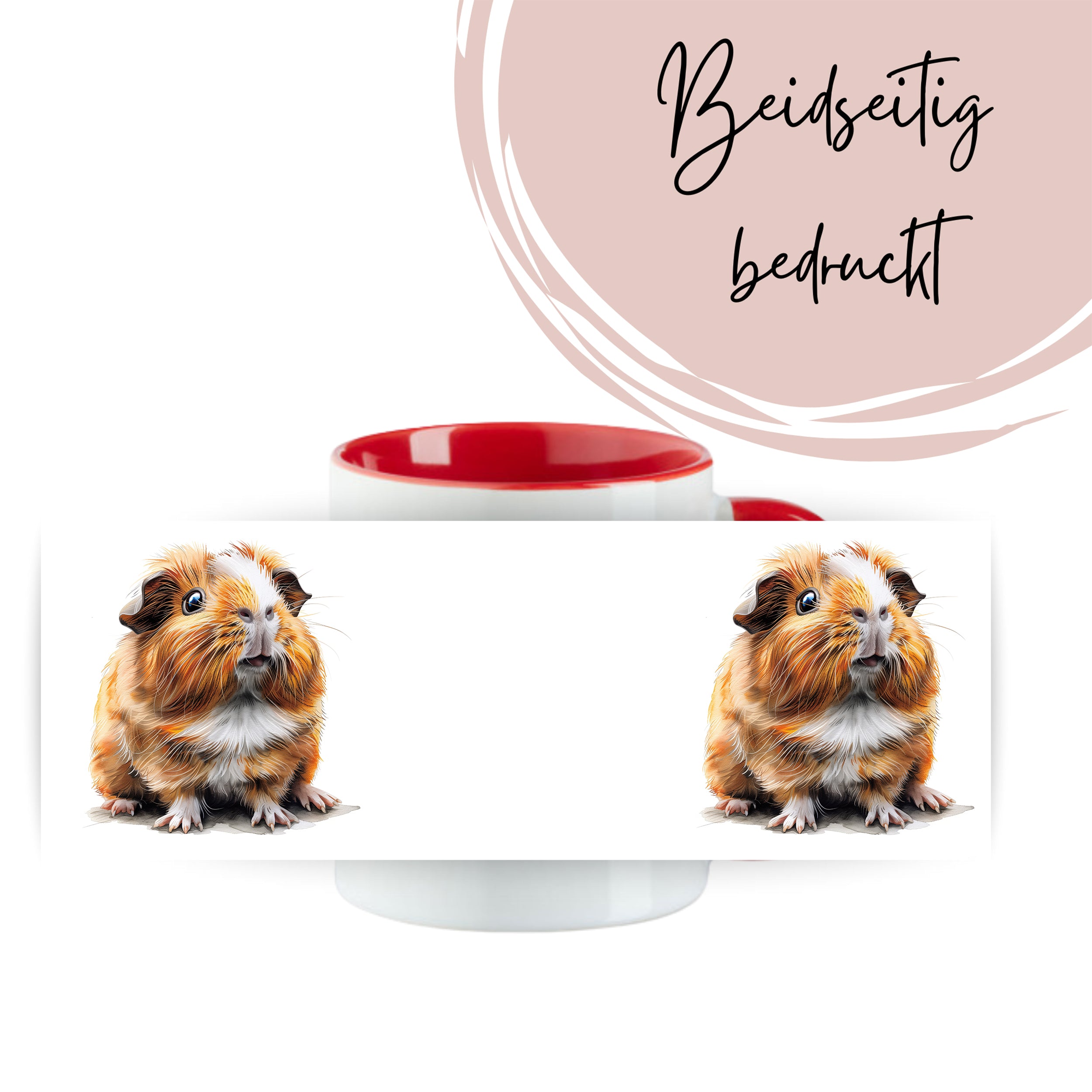 Tasse mit rot-weißem Design und Meerschweinchen-Motiv.
