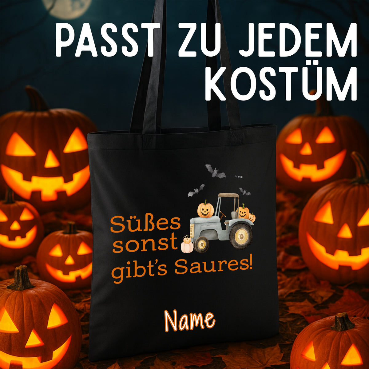 Schwarze Tragetasche mit Halloween-Motiv und Text.