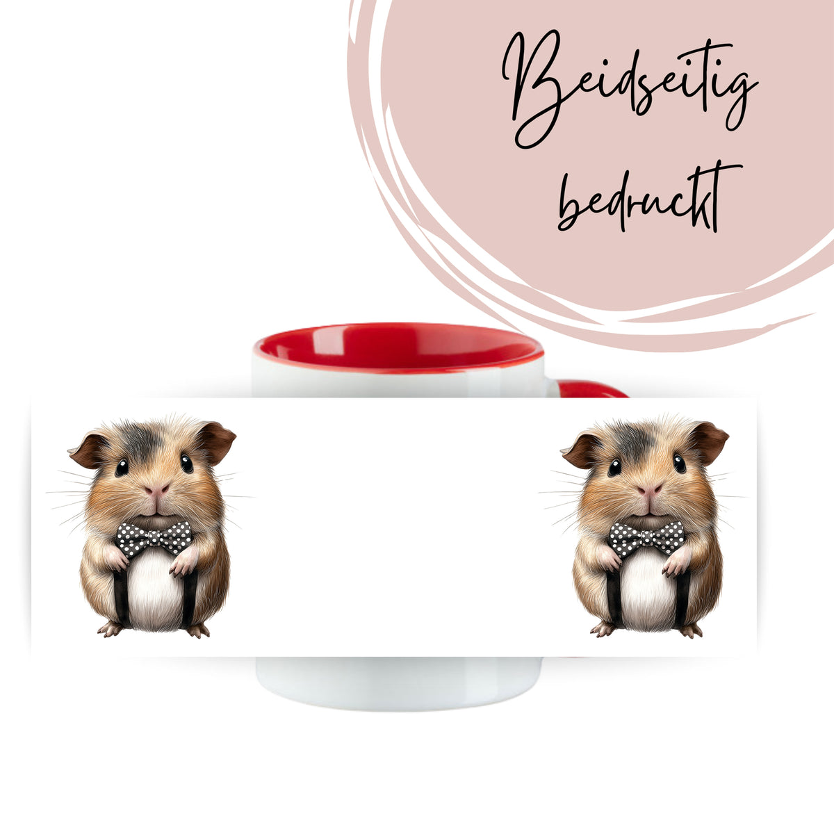 Tasse mit Meerschweinchen-Motiv, rot-weiße Farbgestaltung.