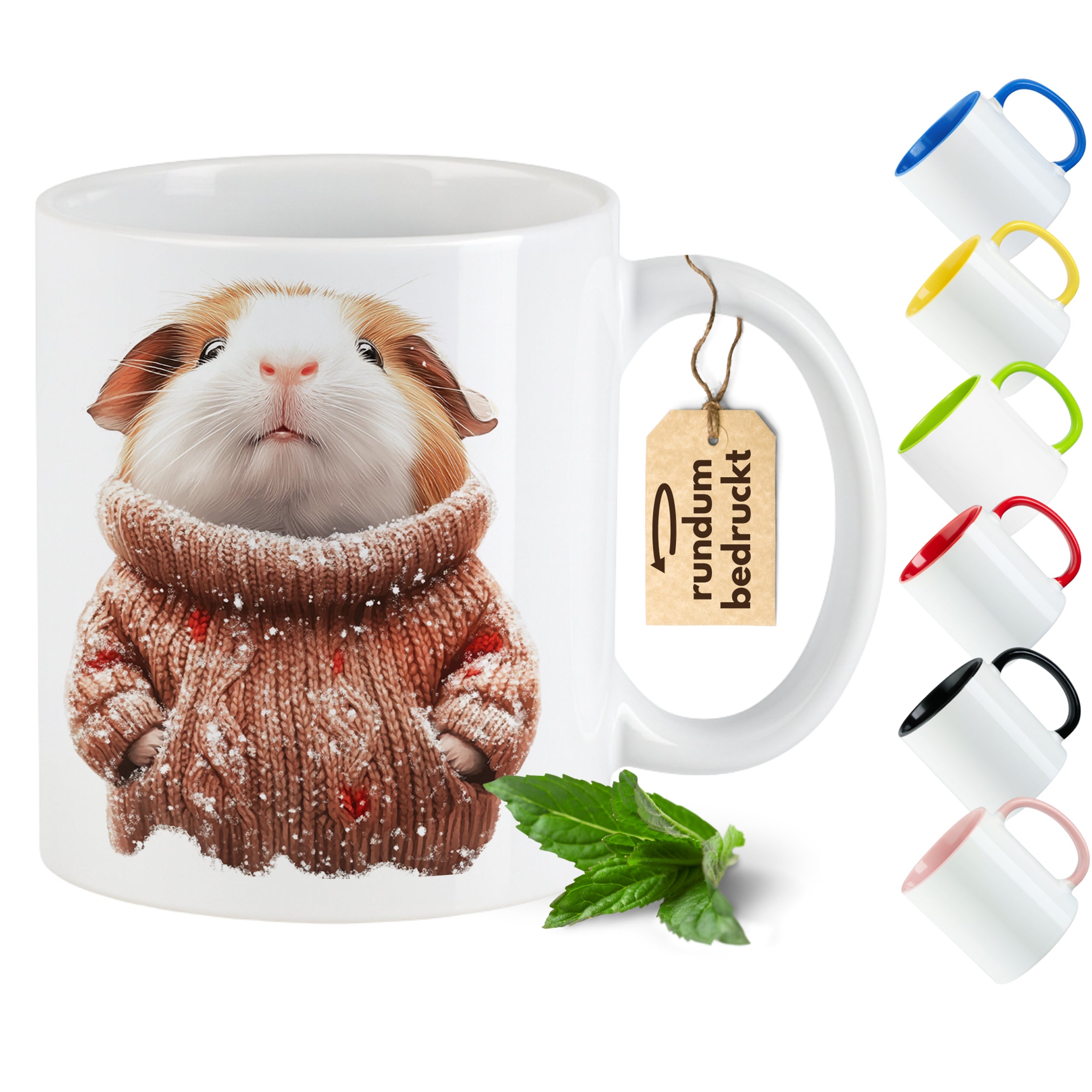 Tasse mit Meerschweinchen im Strickpullover, weiß.