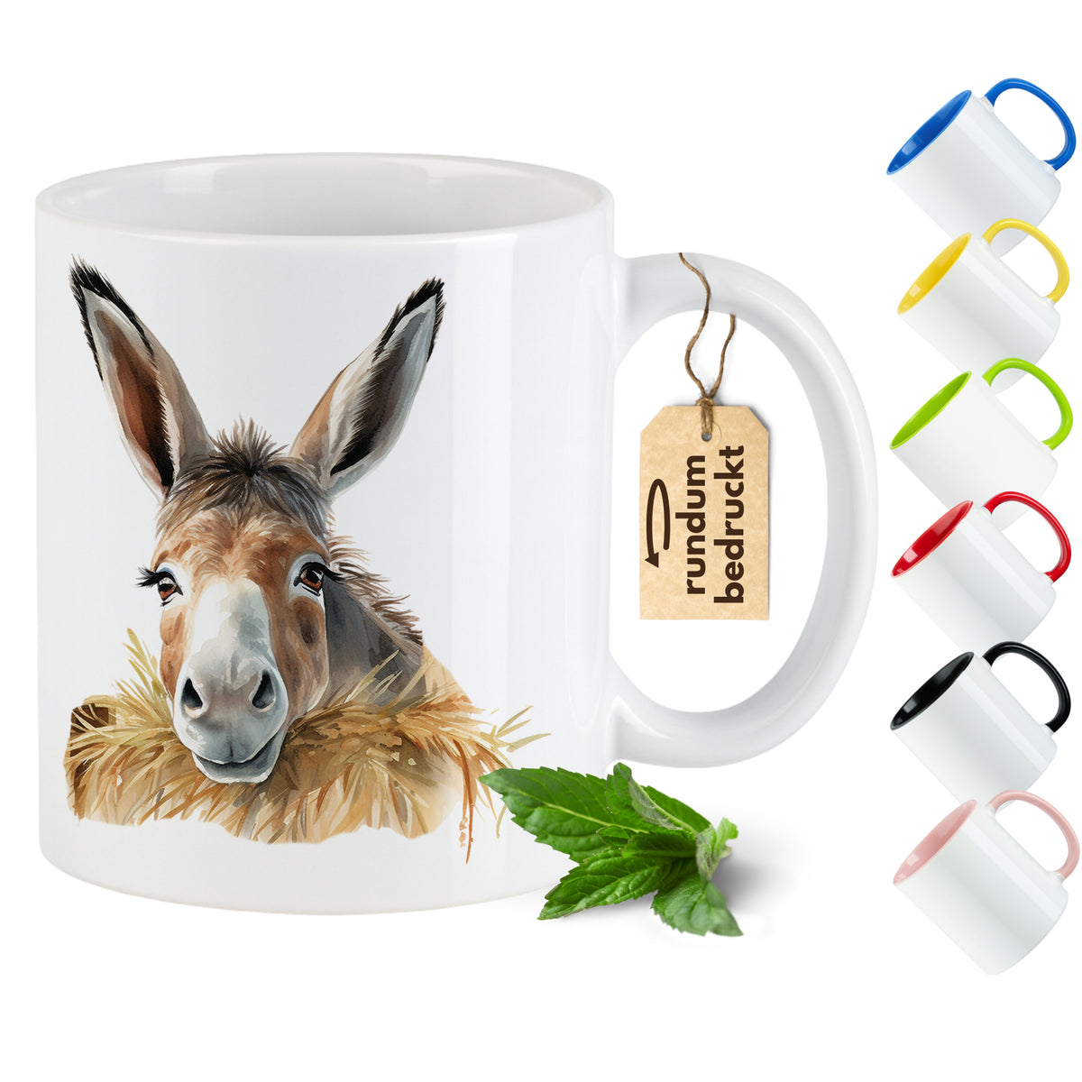 Tasse mit Eselmotiv, weiße Keramiktasse, farbige Henkel.