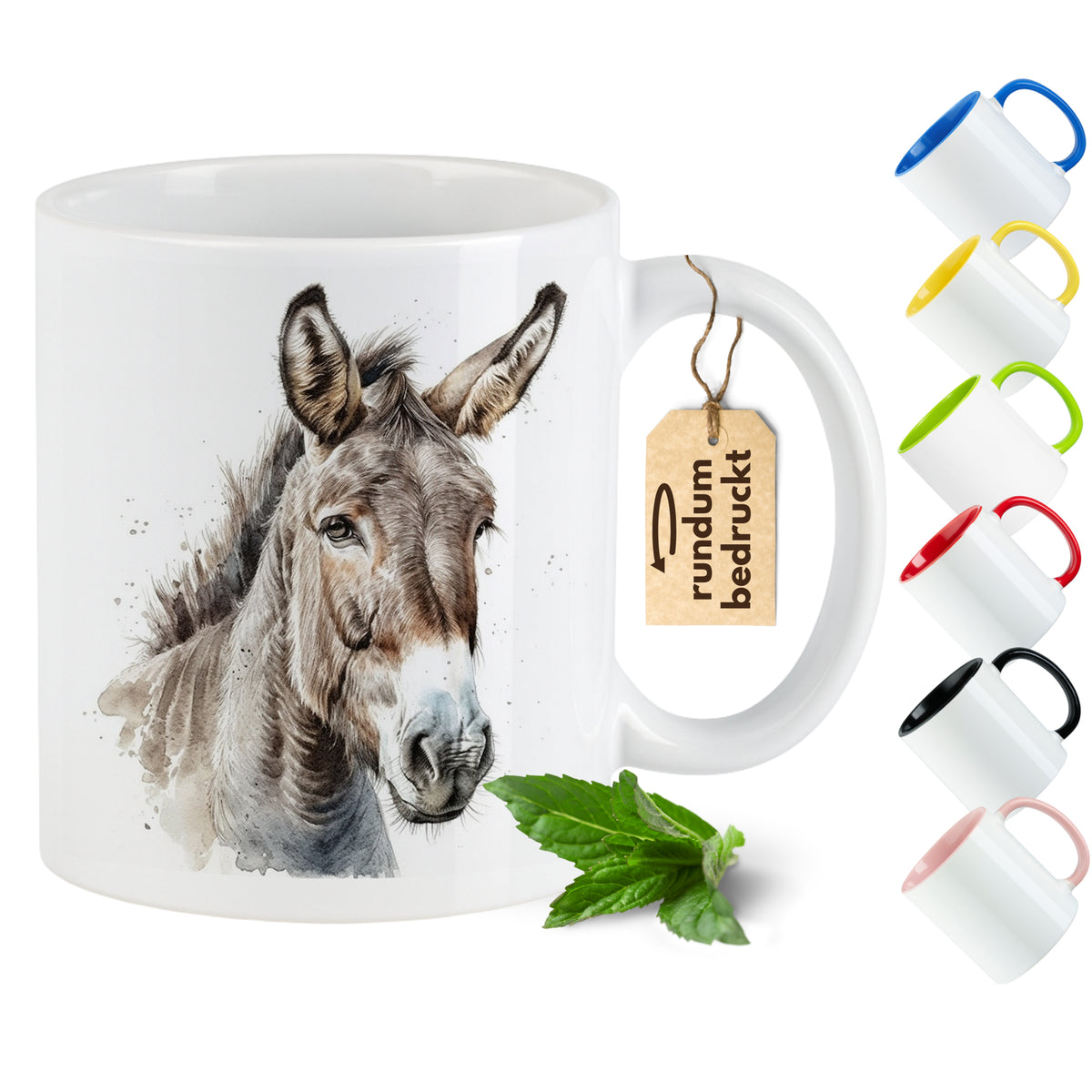 Kaffeetasse mit Esel-Motiv, weiß mit buntem Henkel.