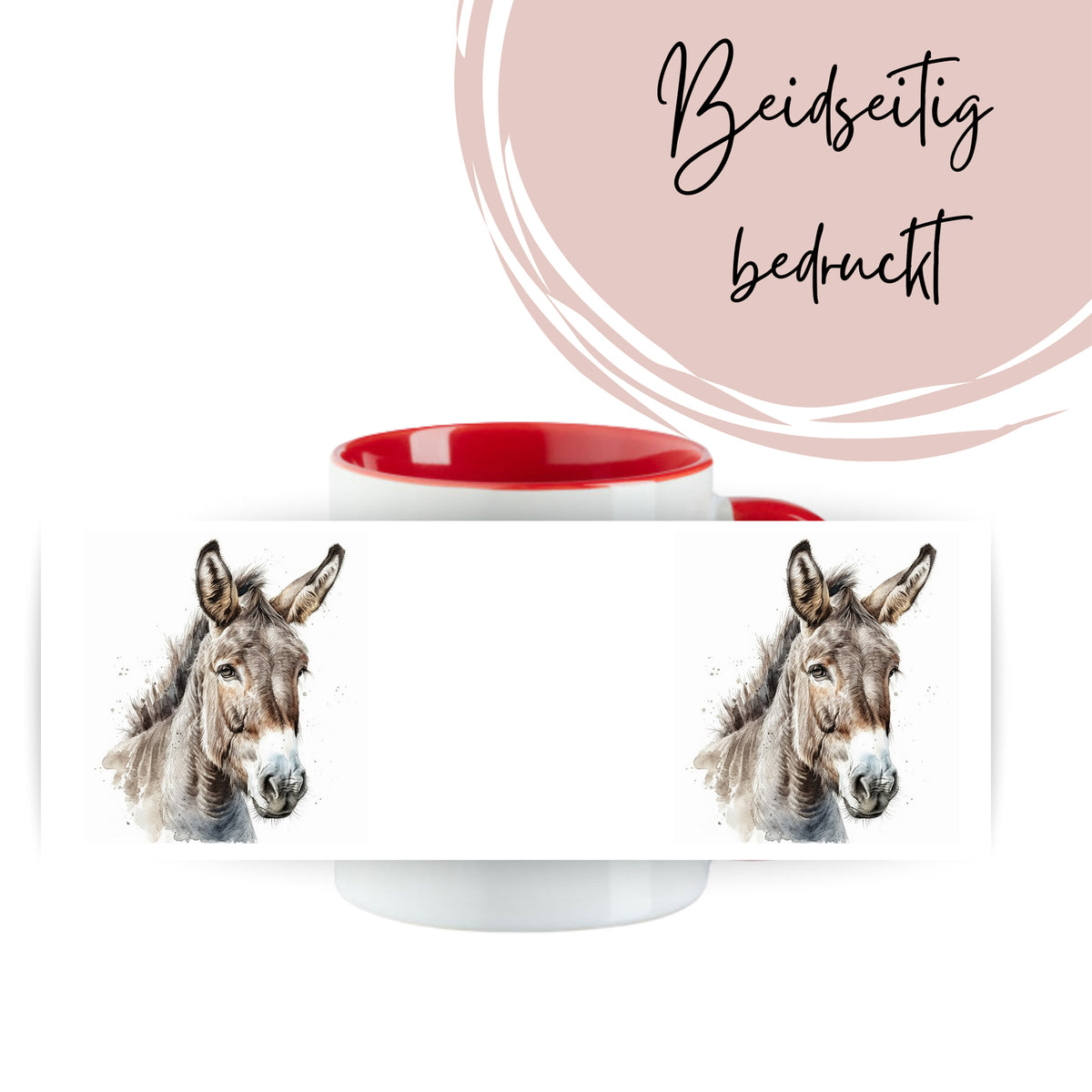 Tasse mit rotem Rand, beidseitig bedruckt, Eselmotiv.
