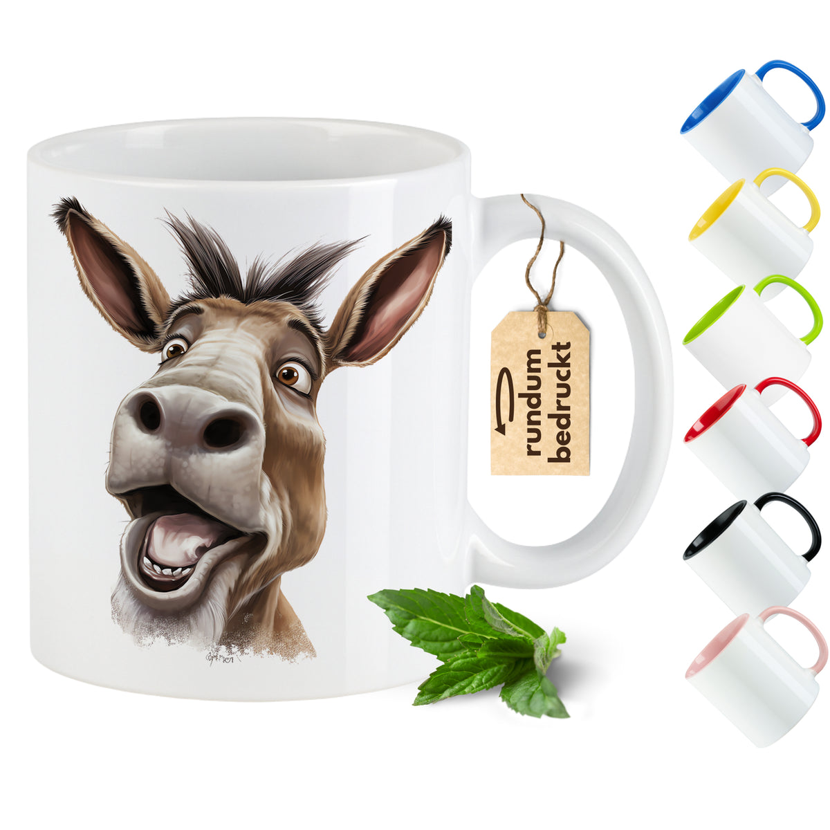 Kaffeetasse mit Esel-Motiv, weiß, verschiedene Henkel-Farben.