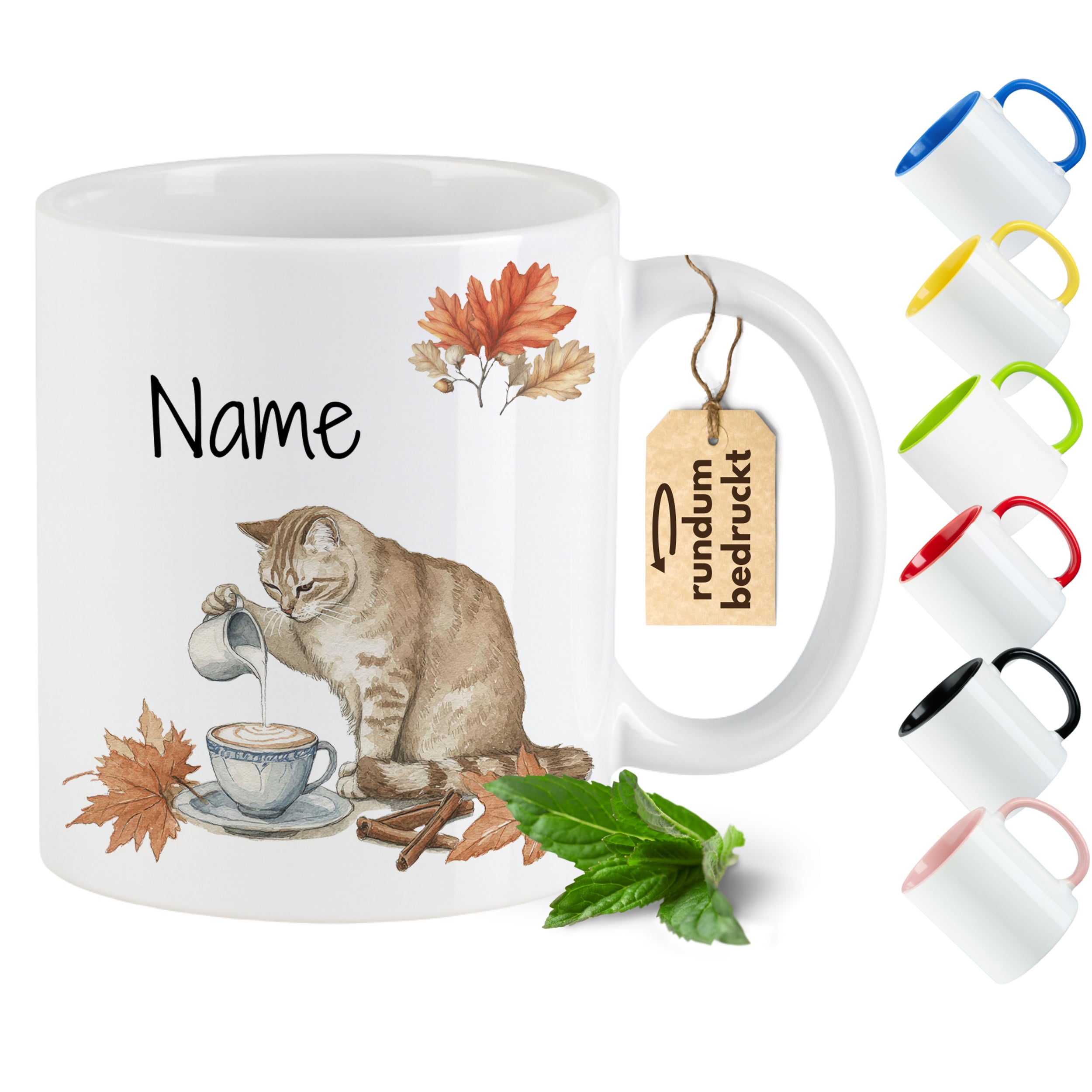 Kaffeetasse mit Katze, Herbstblättern, personalisierbar.