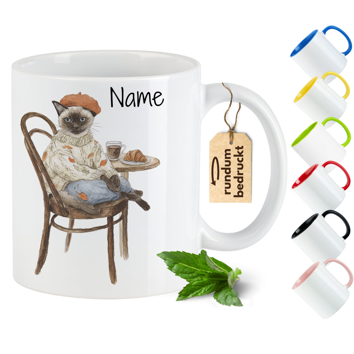 Tasse mit Katze im Pullover, personalisierbar, weiße Farbe.