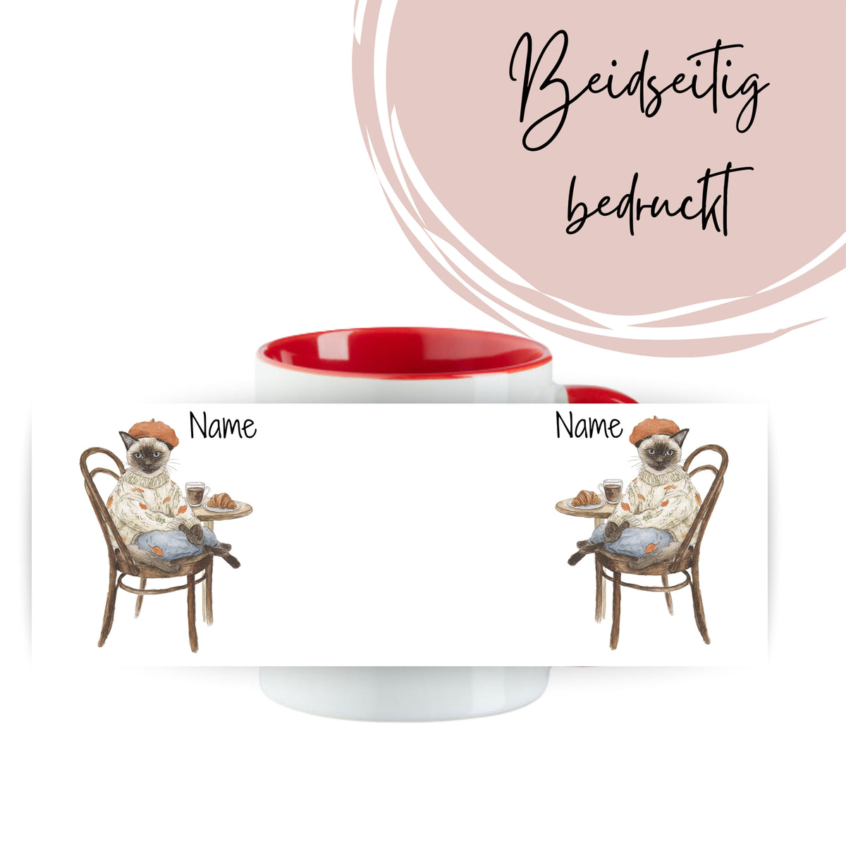 Kaffeetasse mit Pinguin-Motiv, rot-weißer Farbgestaltung.