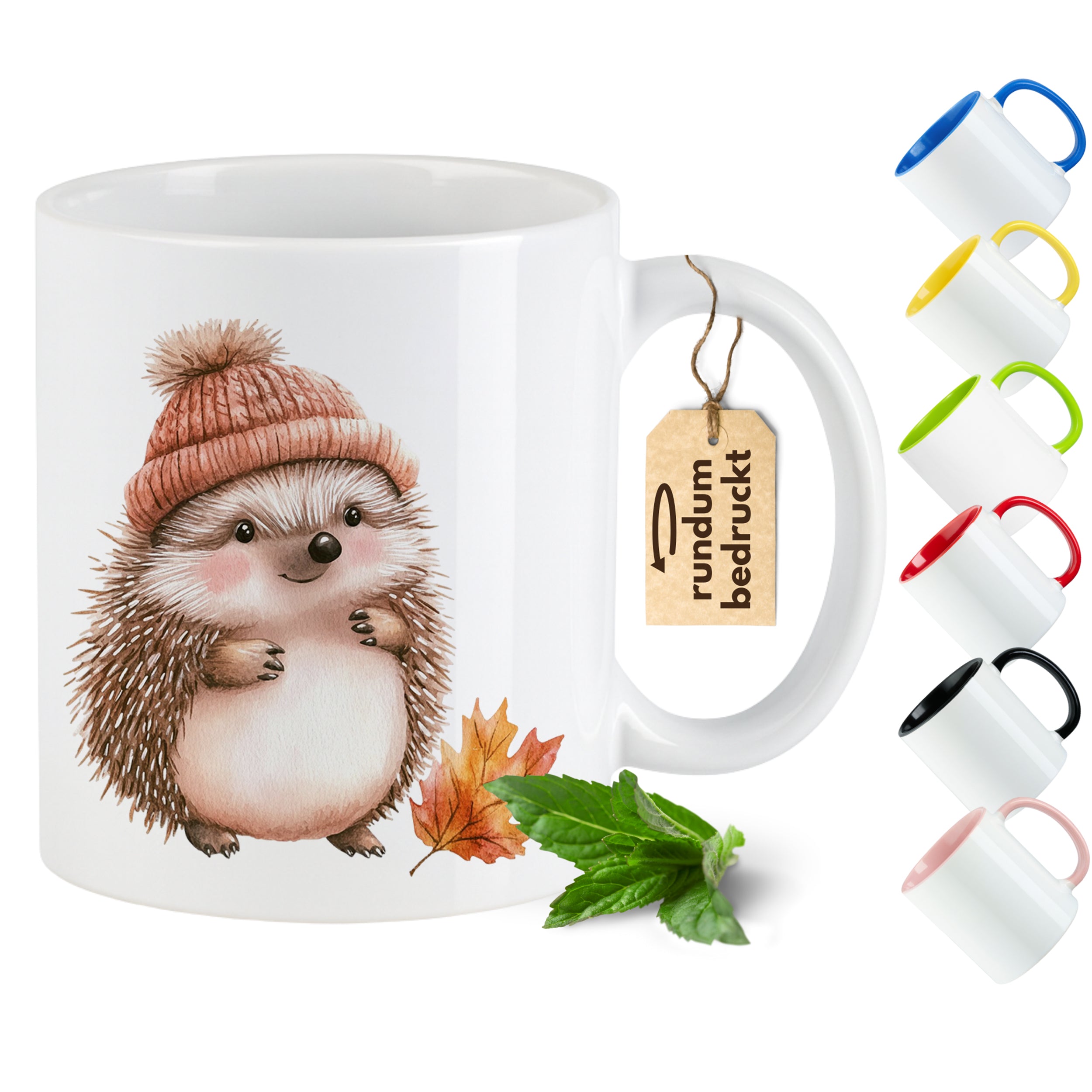 Tasse mit Igel-Motiv und buntem Henkel.