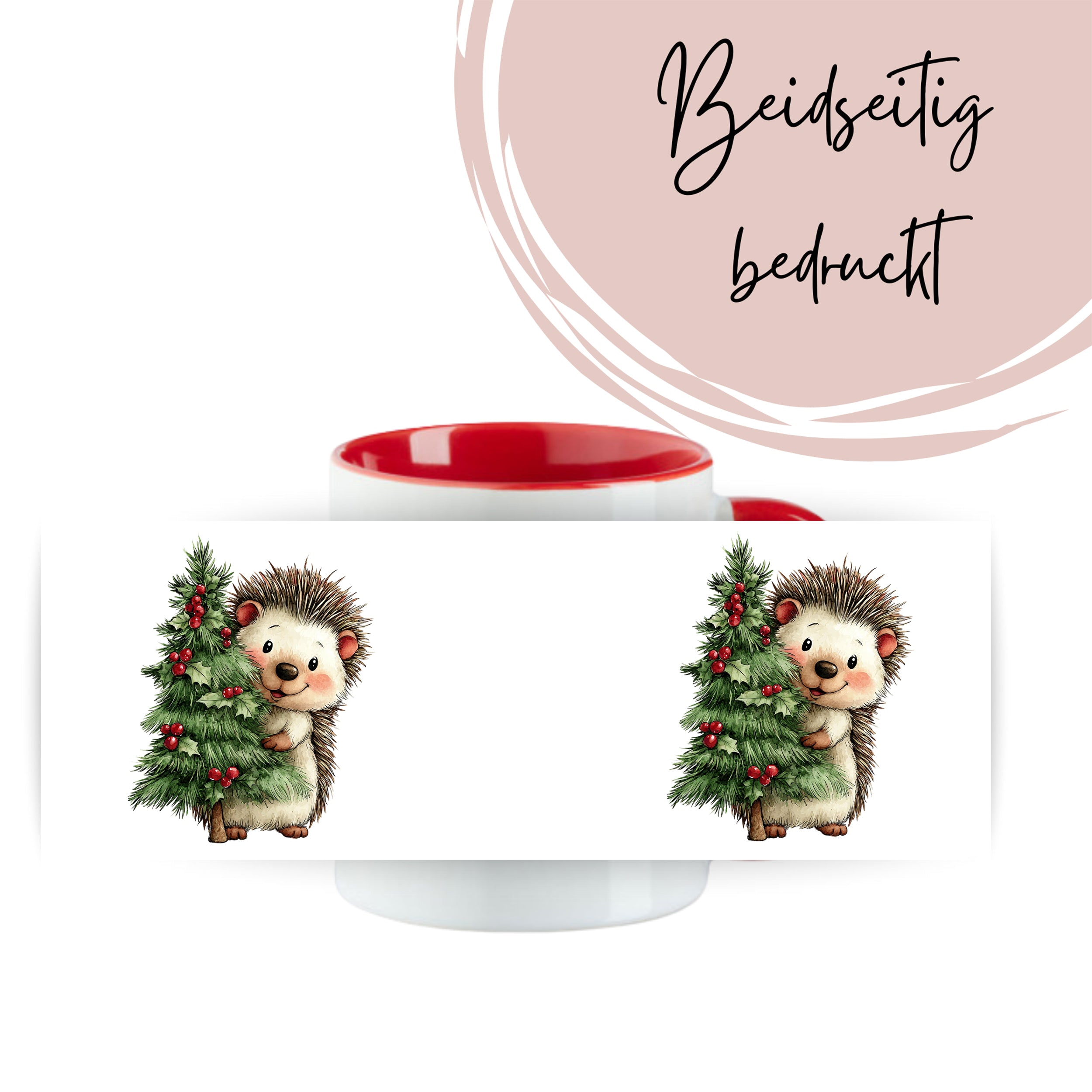 Tasse mit Igel und Weihnachtsbaum, rot-weiße Farben.