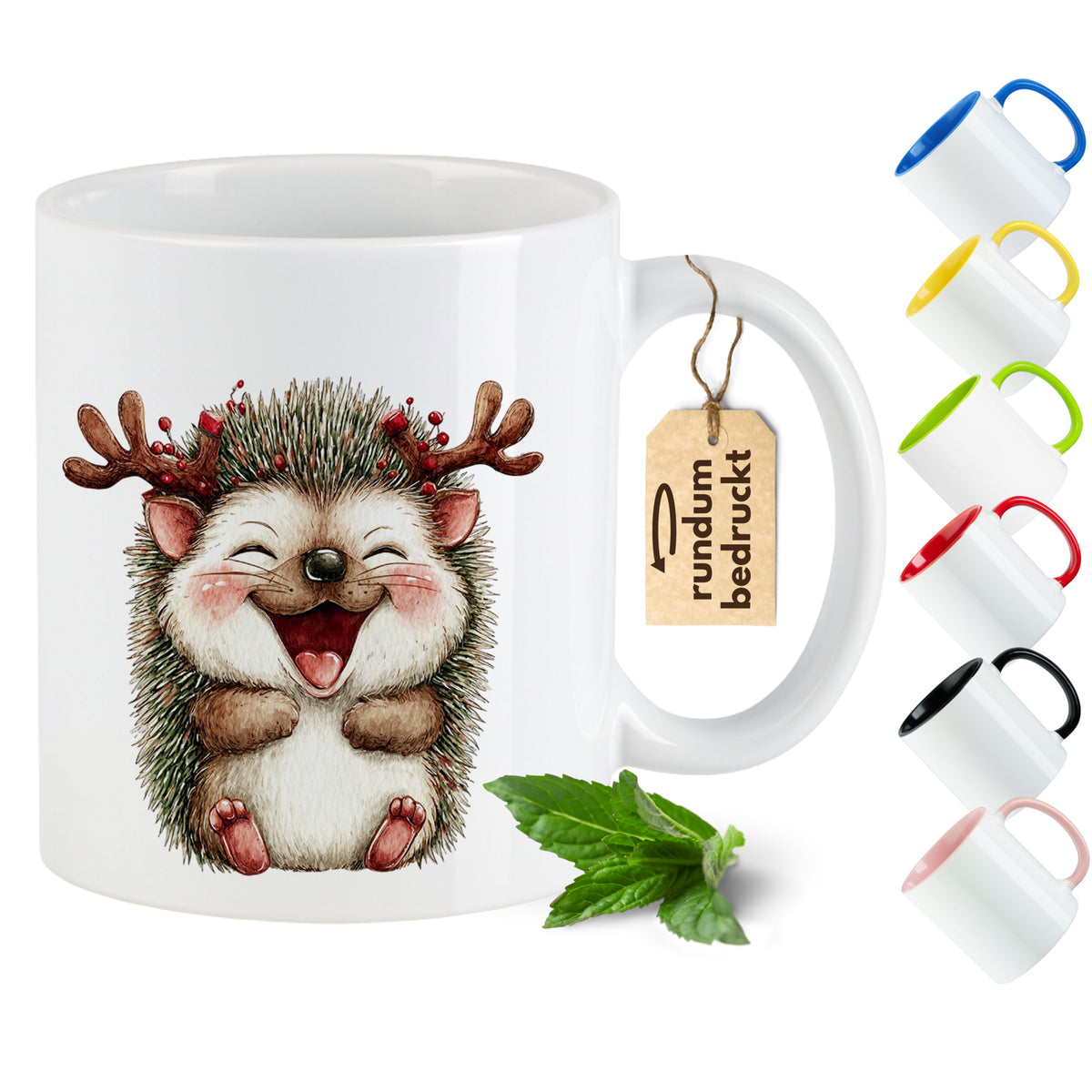 Kaffeetasse mit fröhlichem Igel-Motiv und buntem Henkel.