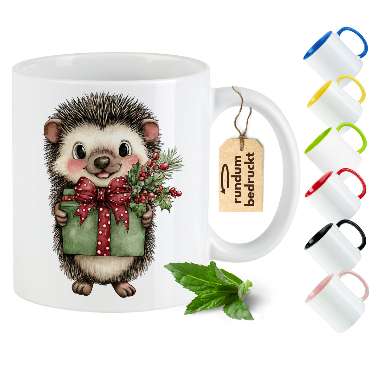 Kaffeetasse mit Igel, Geschenk und Weihnachtsdekor.