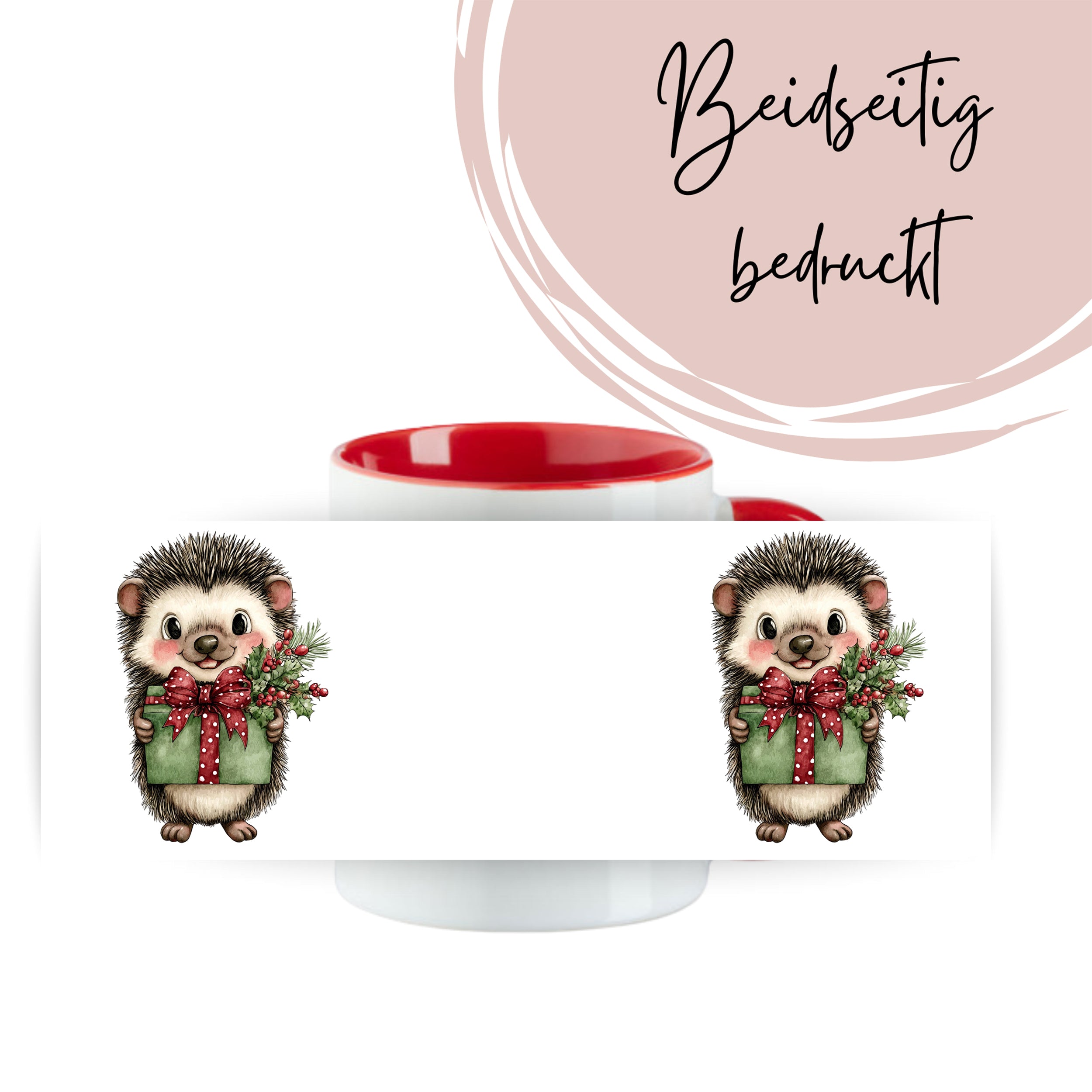 Tasse mit Igel-Motiv, rot und grün, beidseitig bedruckt.