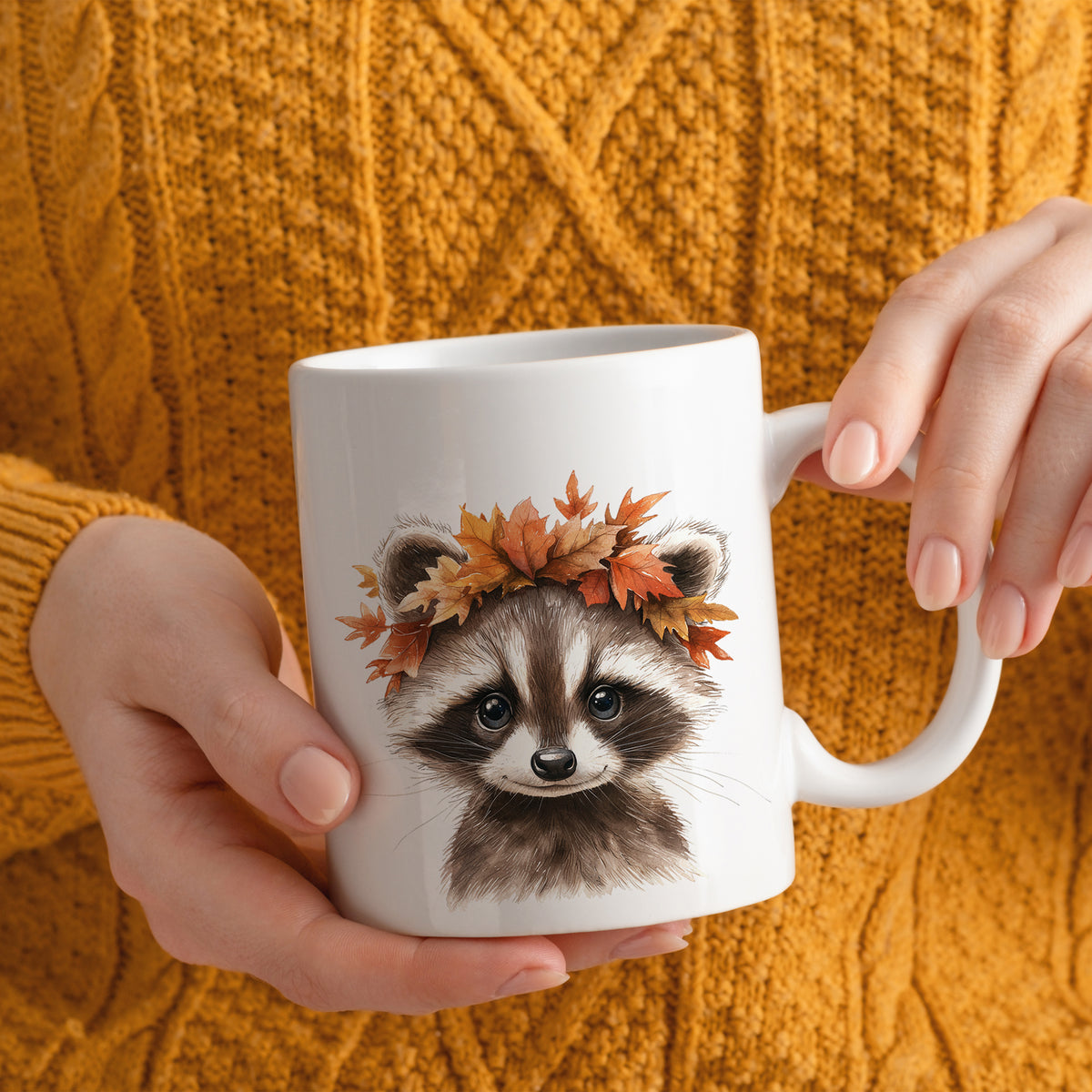 Tasse Waschbär mit Herbstlaub