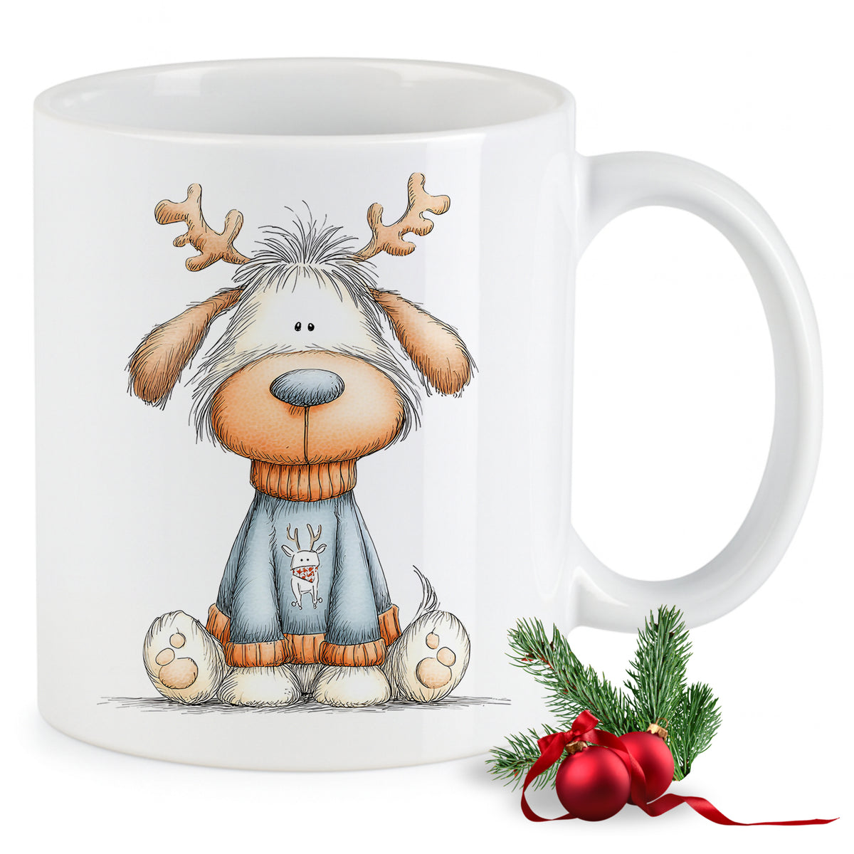 Tasse mit niedlichem Hund im Weihnachtslook, weiß.