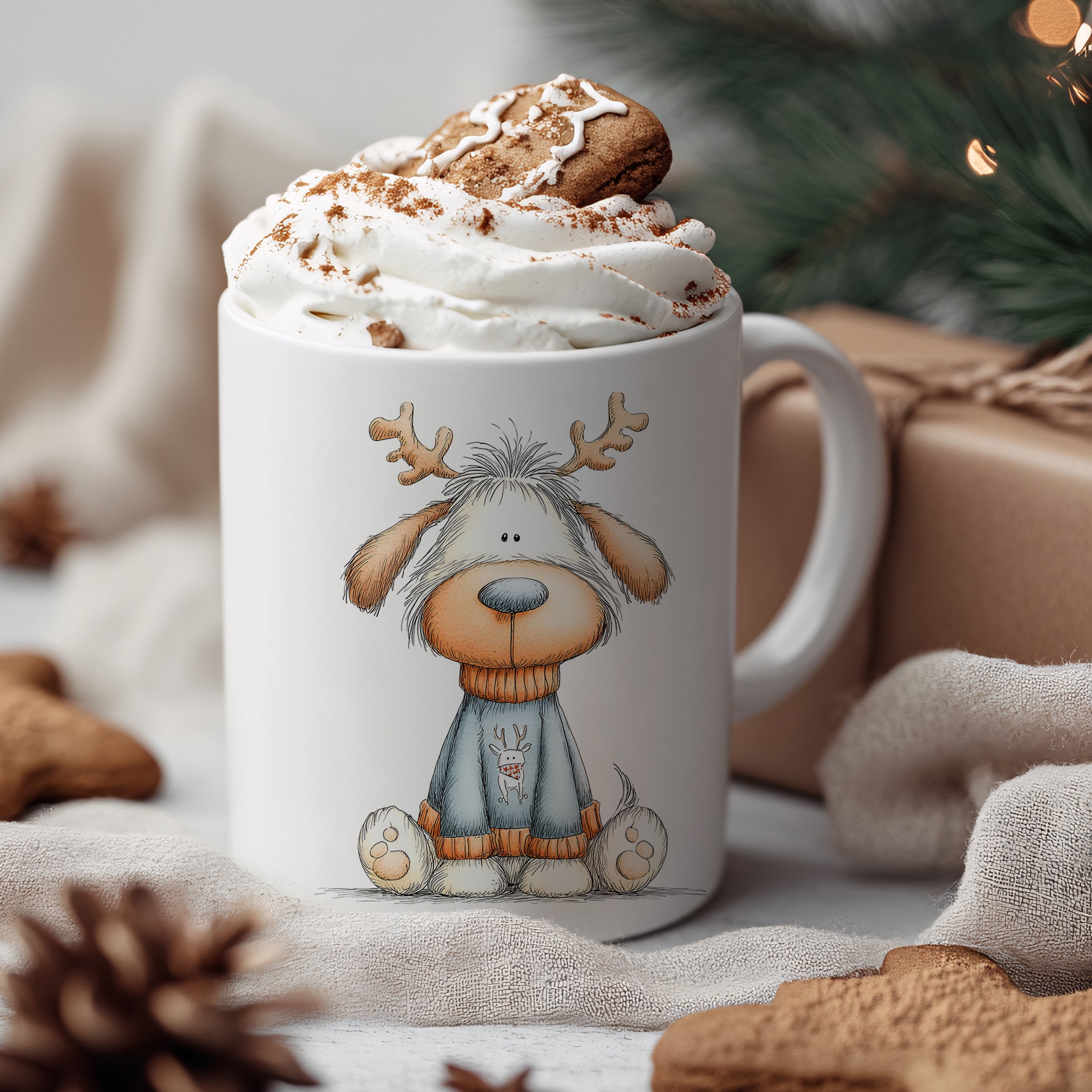 Tasse mit niedlichem Hundemotiv, Sahne und Lebkuchen.