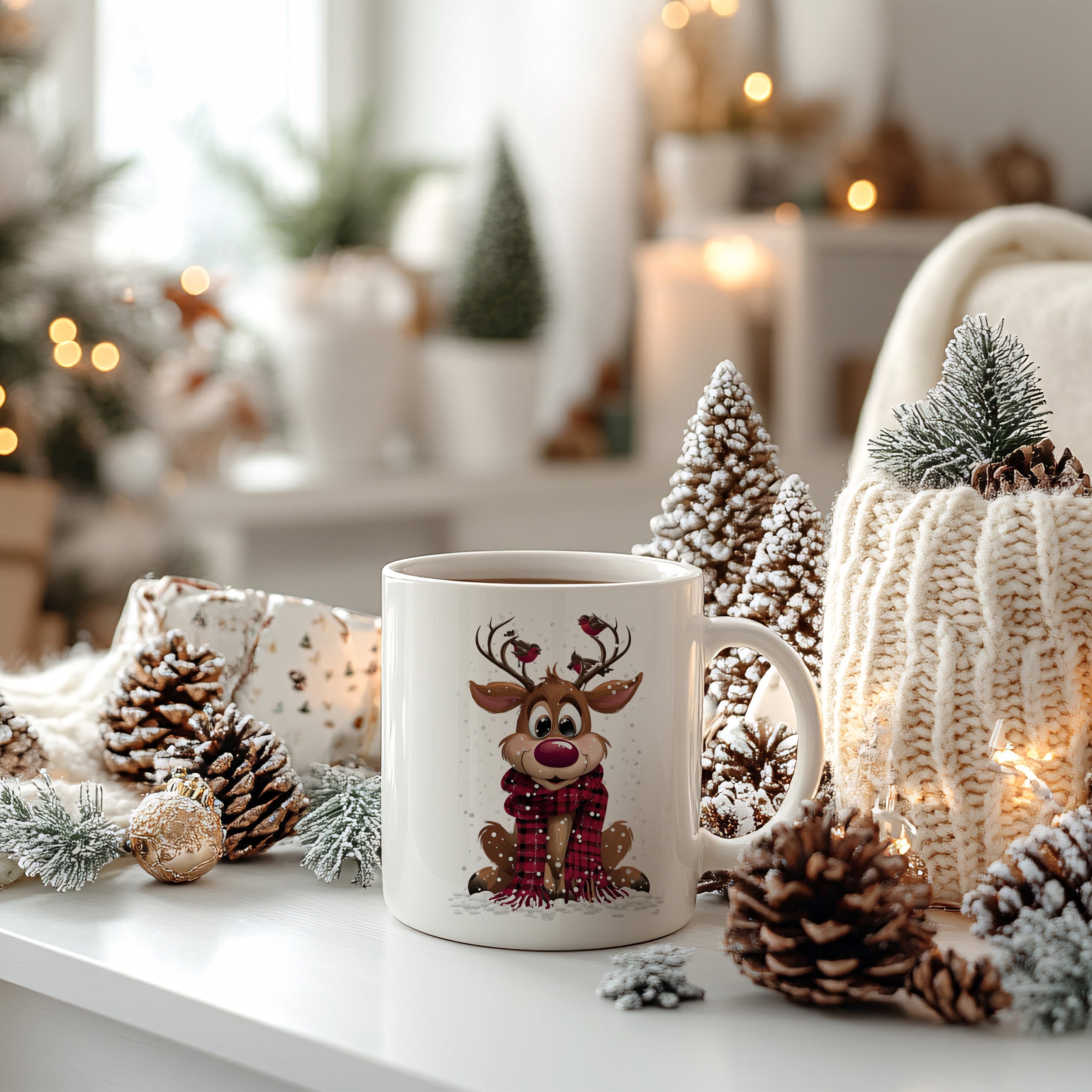 Kaffeetasse mit Rentiermotiv, weiß, dekoriert mit Tannenzapfen.