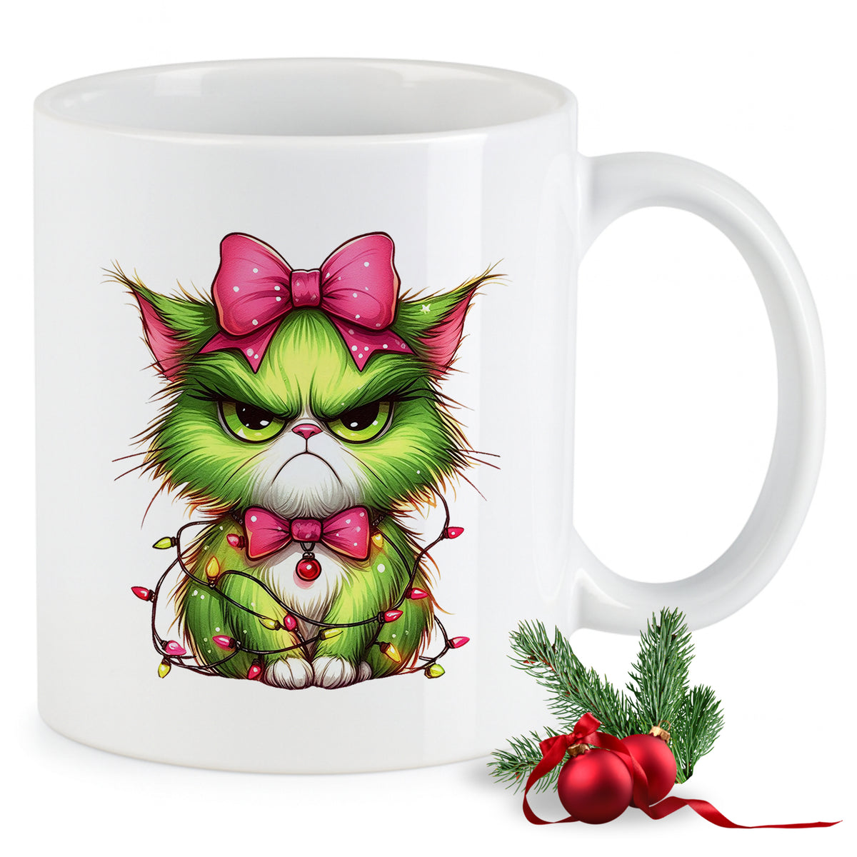 Grüne Katze mit Schleife, Weihnachtslichter, Tasse.