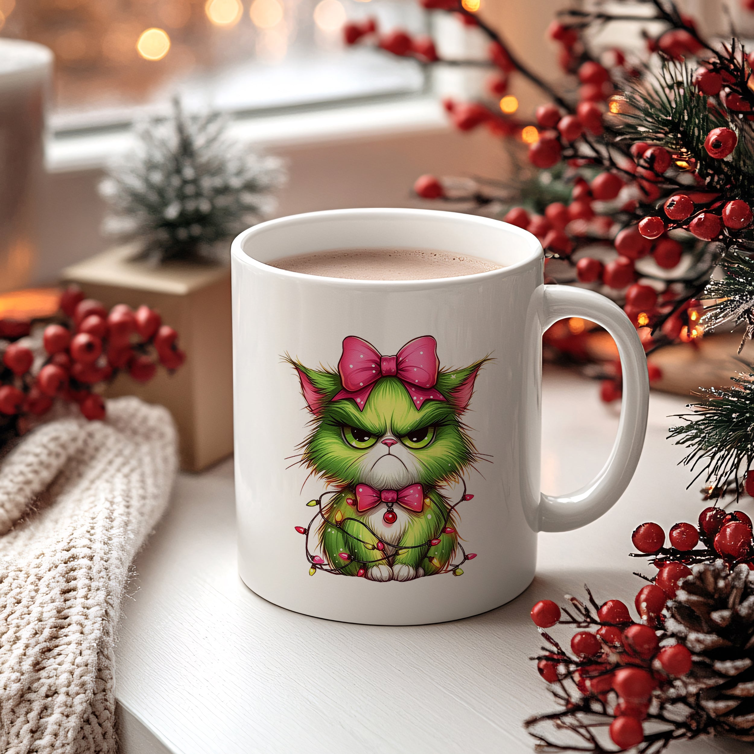 Weiße Tasse mit grünem, grimmigem Kätzchen und rotem Schleifenmotiv.