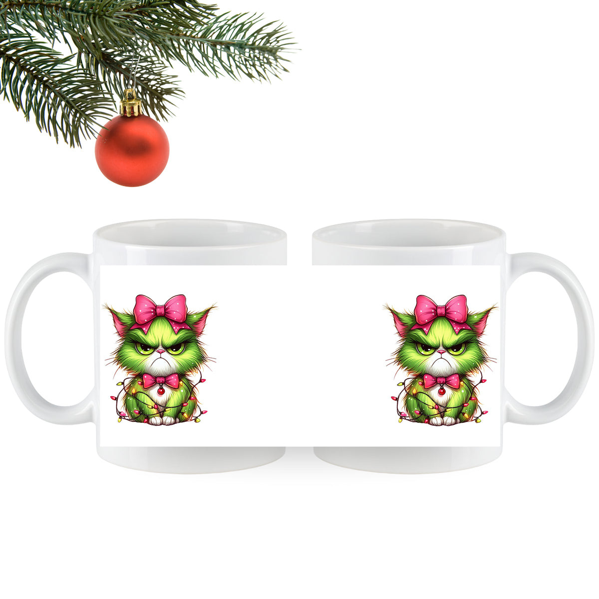 Grüne Katzen-Tasse mit rotem Schleifenmotiv.
