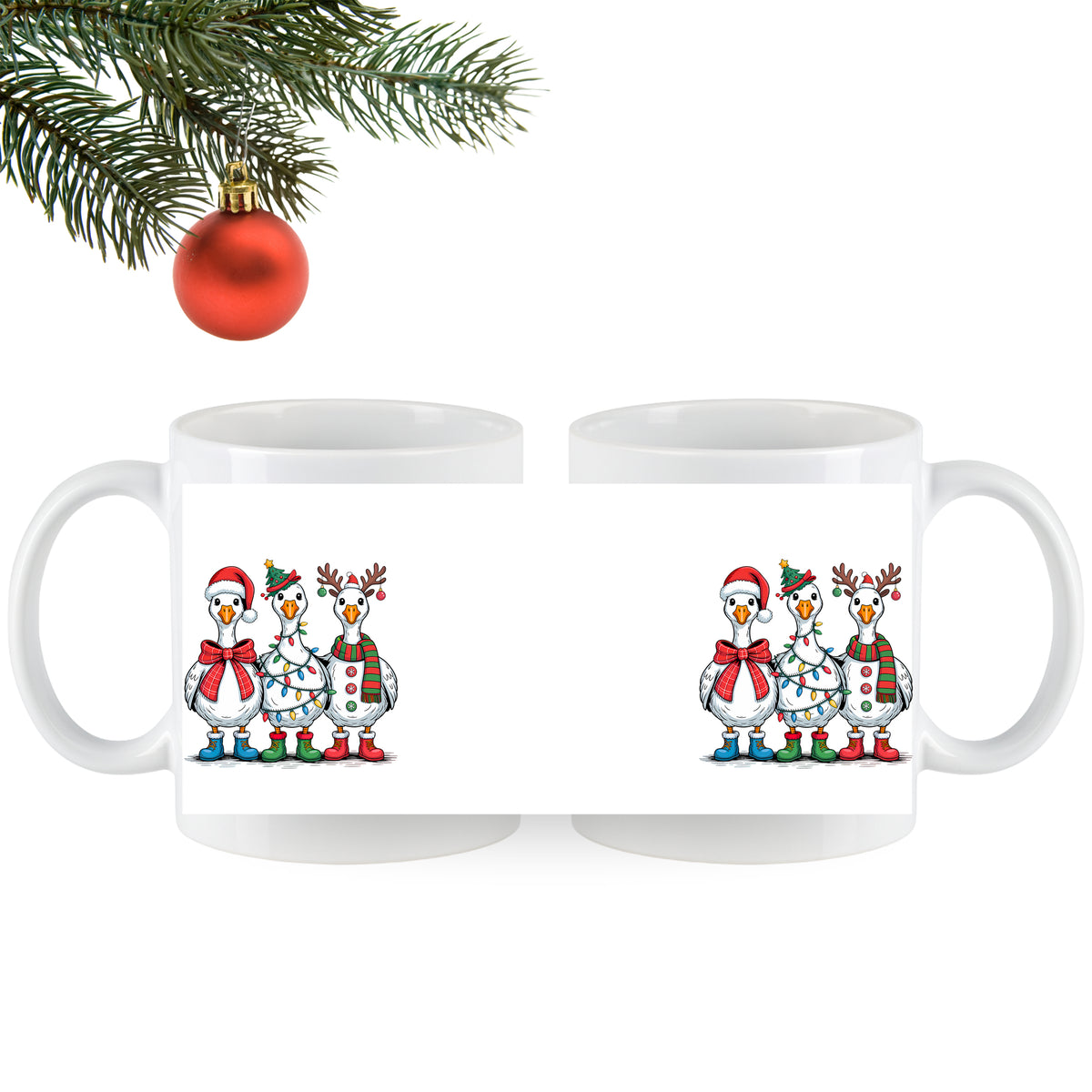 Weiße Tassen mit Weihnachtsmotiven: Schneemänner in bunten Outfits.