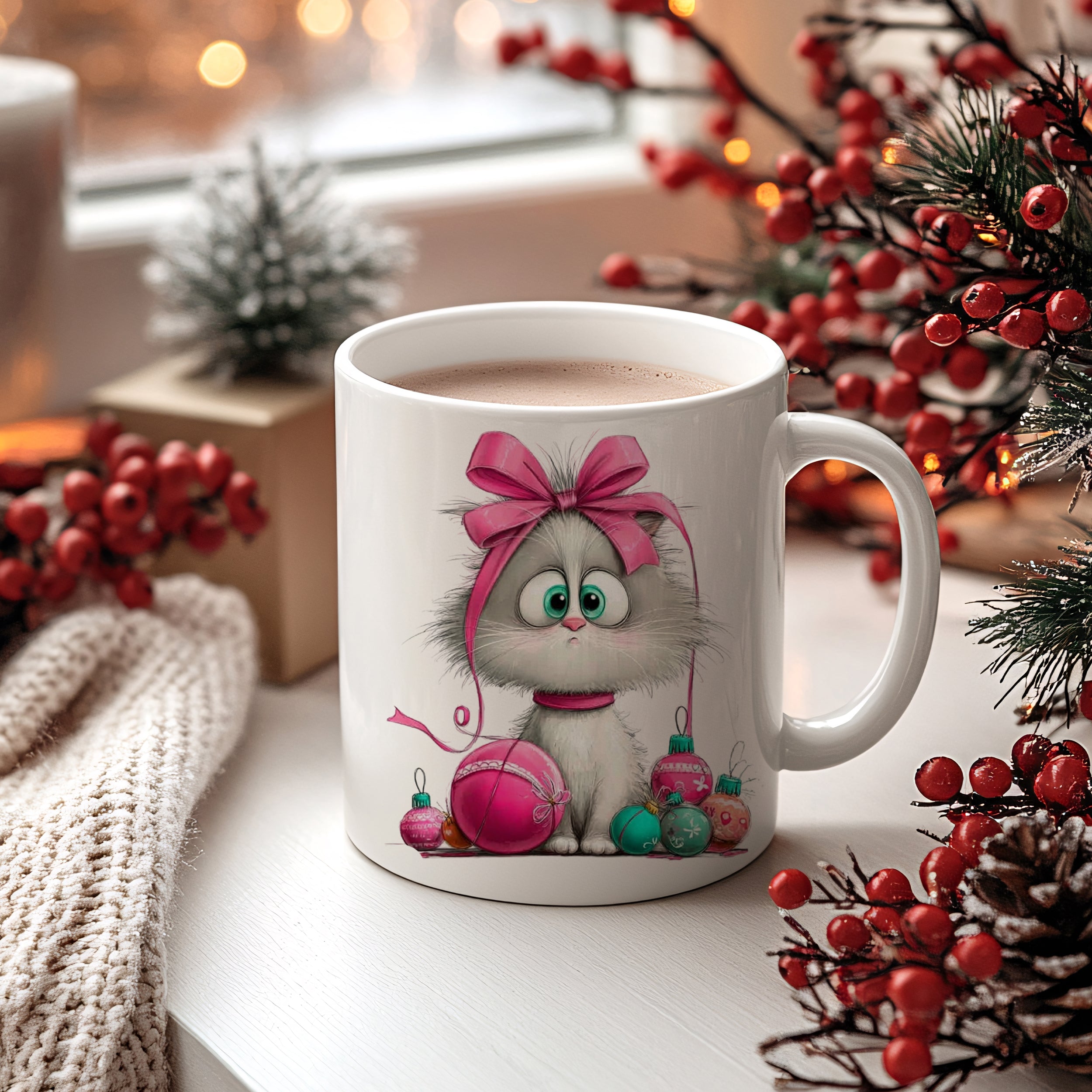 Tasse mit grauem Kätzchen, pinkem Schleifenmotiv und Weihnachtskugeln.