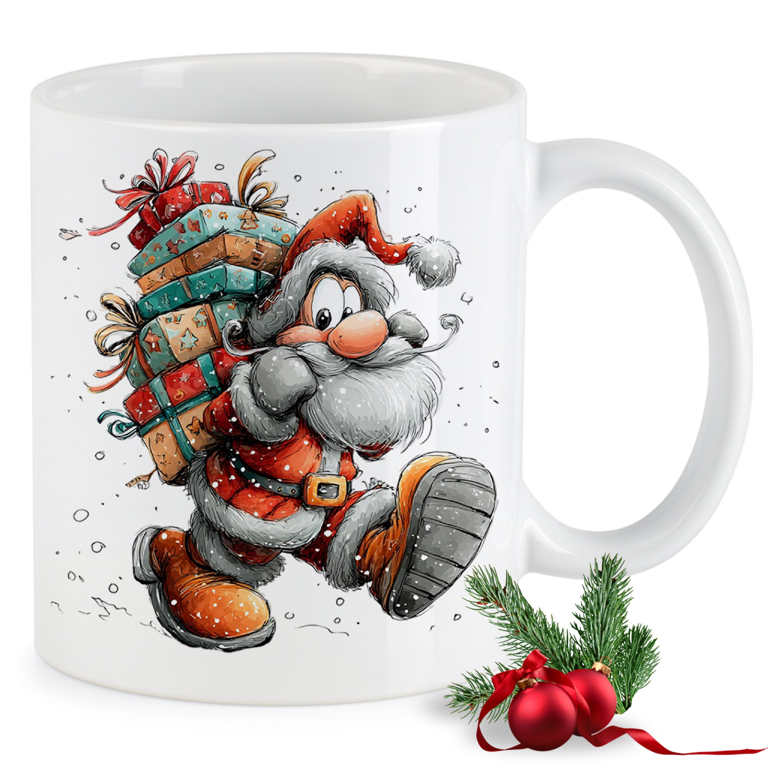 Weißer Becher mit Weihnachtsmann und Geschenken, farbenfroh.