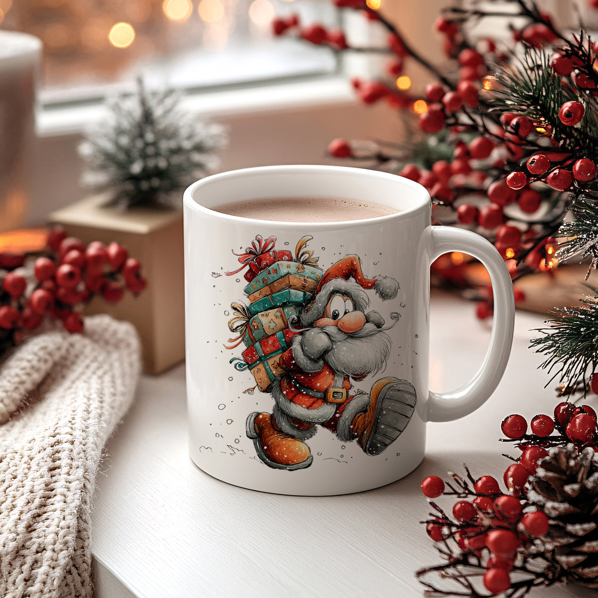 Weißer Kaffeebecher mit Weihnachtsmann und Geschenken.