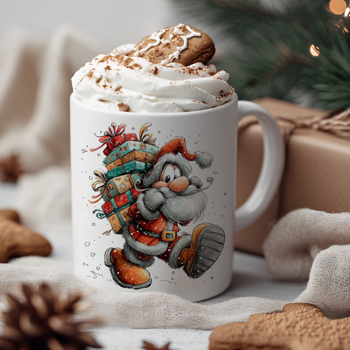 Weißer Becher mit Weihnachtsmann und Geschenken, Sahnehaube.