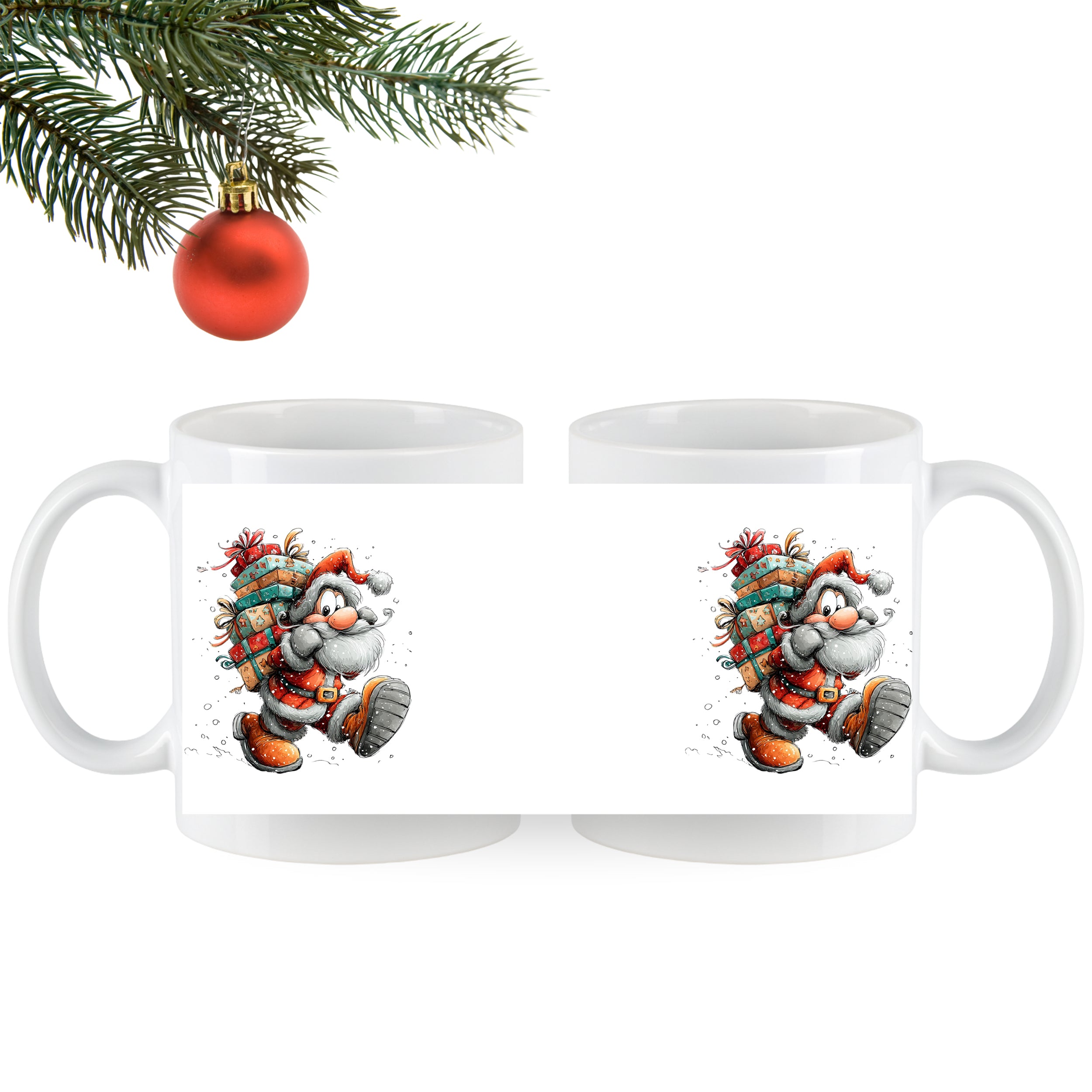 Weiße Tasse mit Weihnachtsmann und Geschenken.
