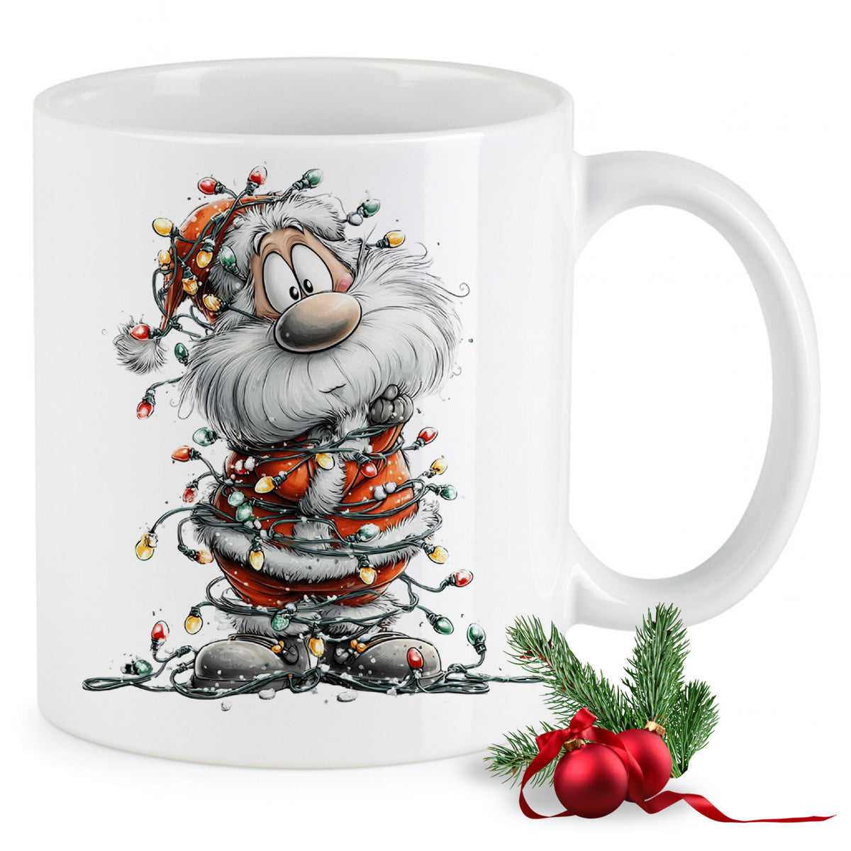 Weißer Weihnachtsbecher mit lustigem, verknotetem Weihnachtsmann.