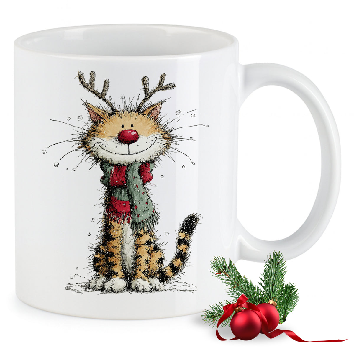 Weißer Becher mit niedlicher Katze in Weihnachtskleidung.