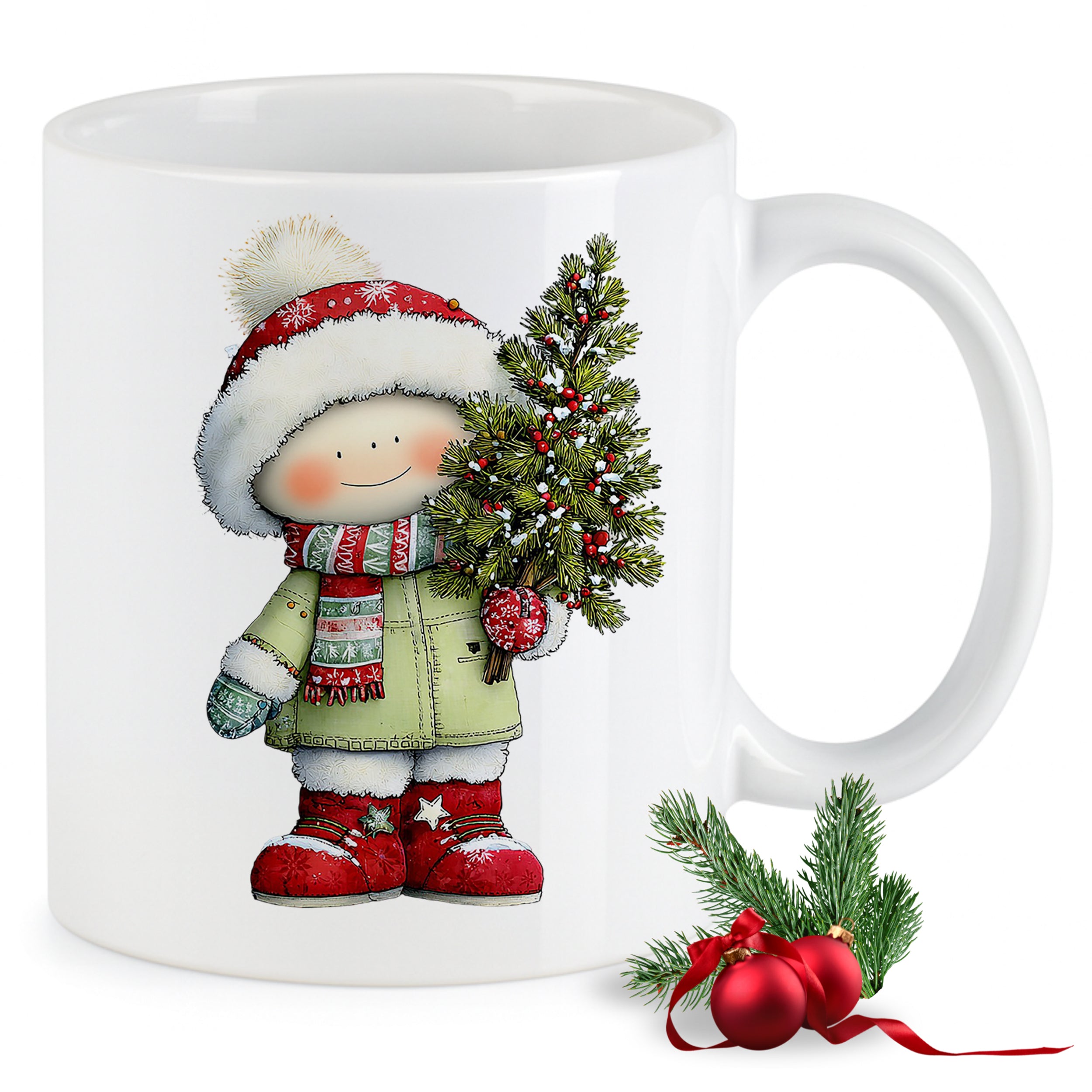 Weißer Becher mit winterlichem, fröhlichem Kind und Tannenbaum.