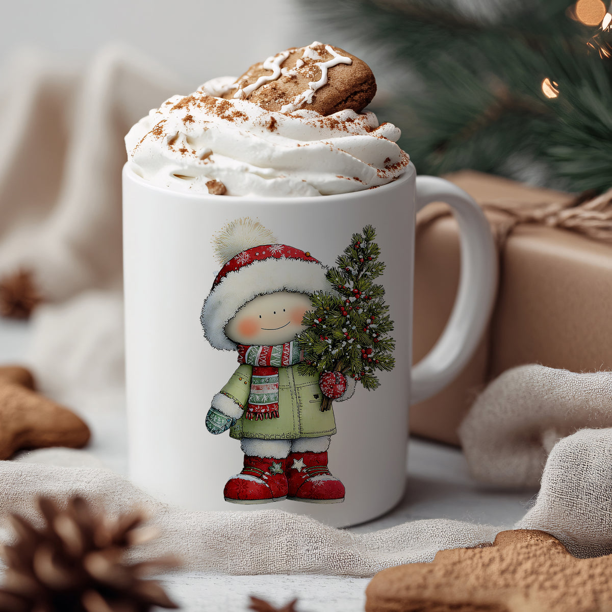 Weißer Becher mit winterlichem Kind und Tannenzweig.