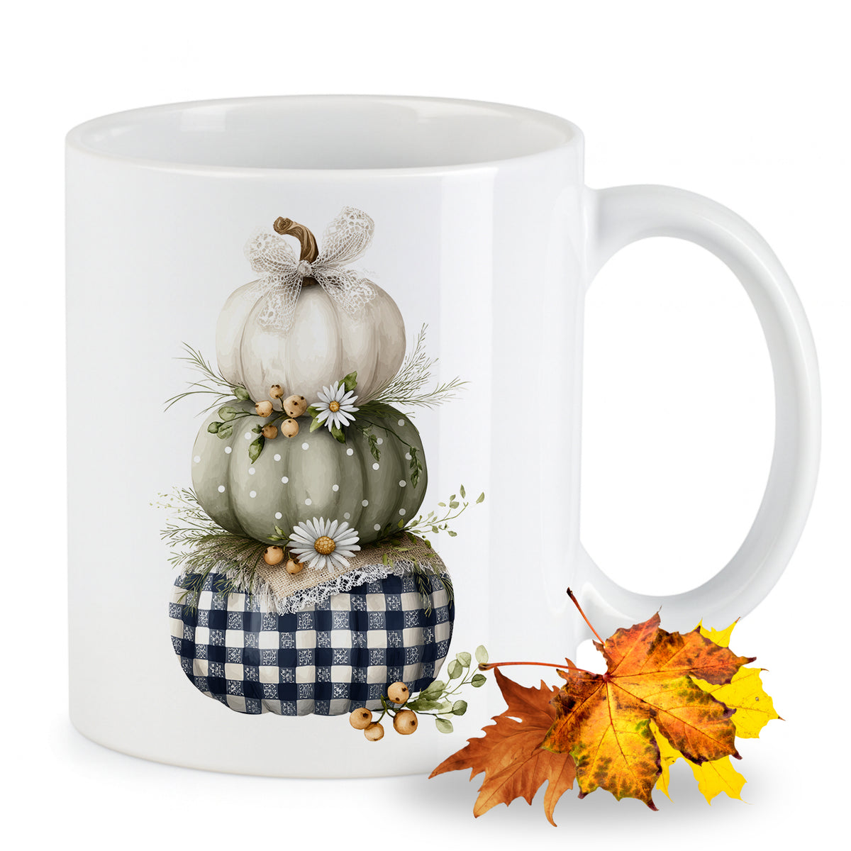 Tasse mit gestapelten Kürbissen in Weiß, Grün und Blau.