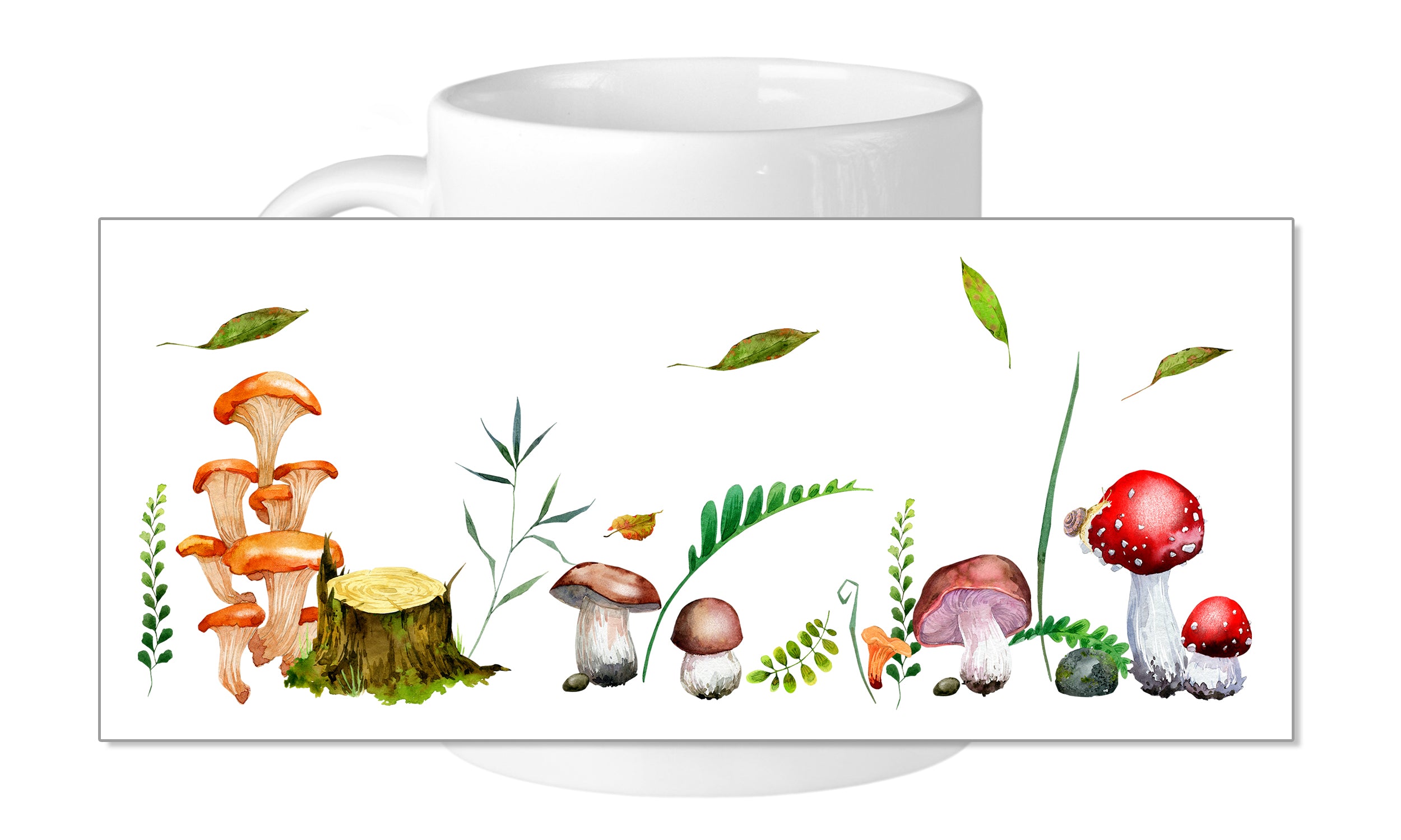 Weißer Becher mit bunten Pilz-Illustrationen und Blättern.