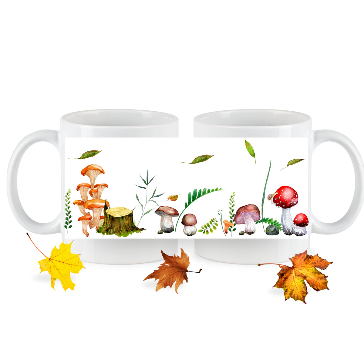 Weiße Tassen mit bunten Pilzen und herbstlichen Blättern.