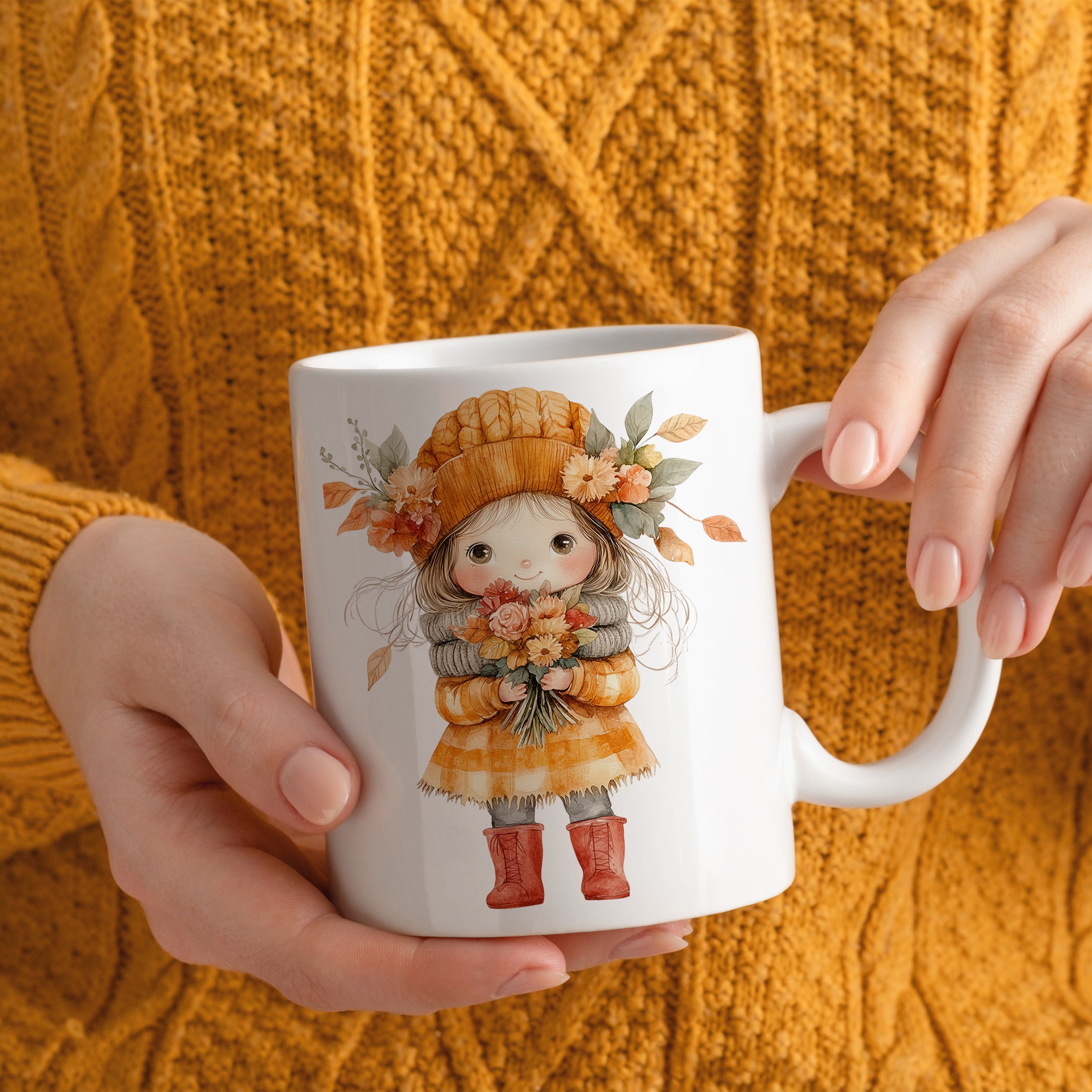 Kaffeetasse mit buntem Mädchenmotiv und herbstlichen Farben.