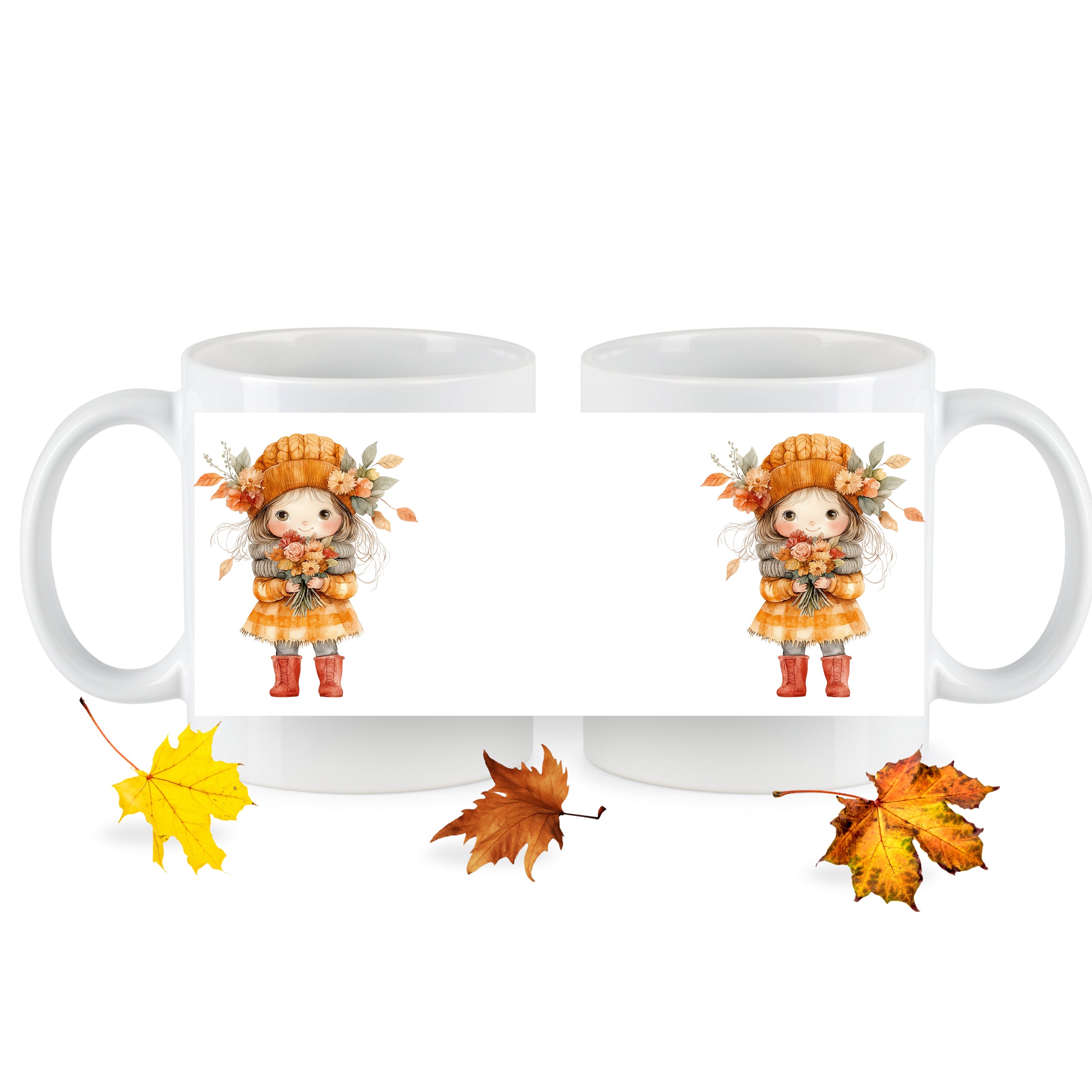 Tassen mit herbstlichem Mädchenmotiv in Orange und Braun.