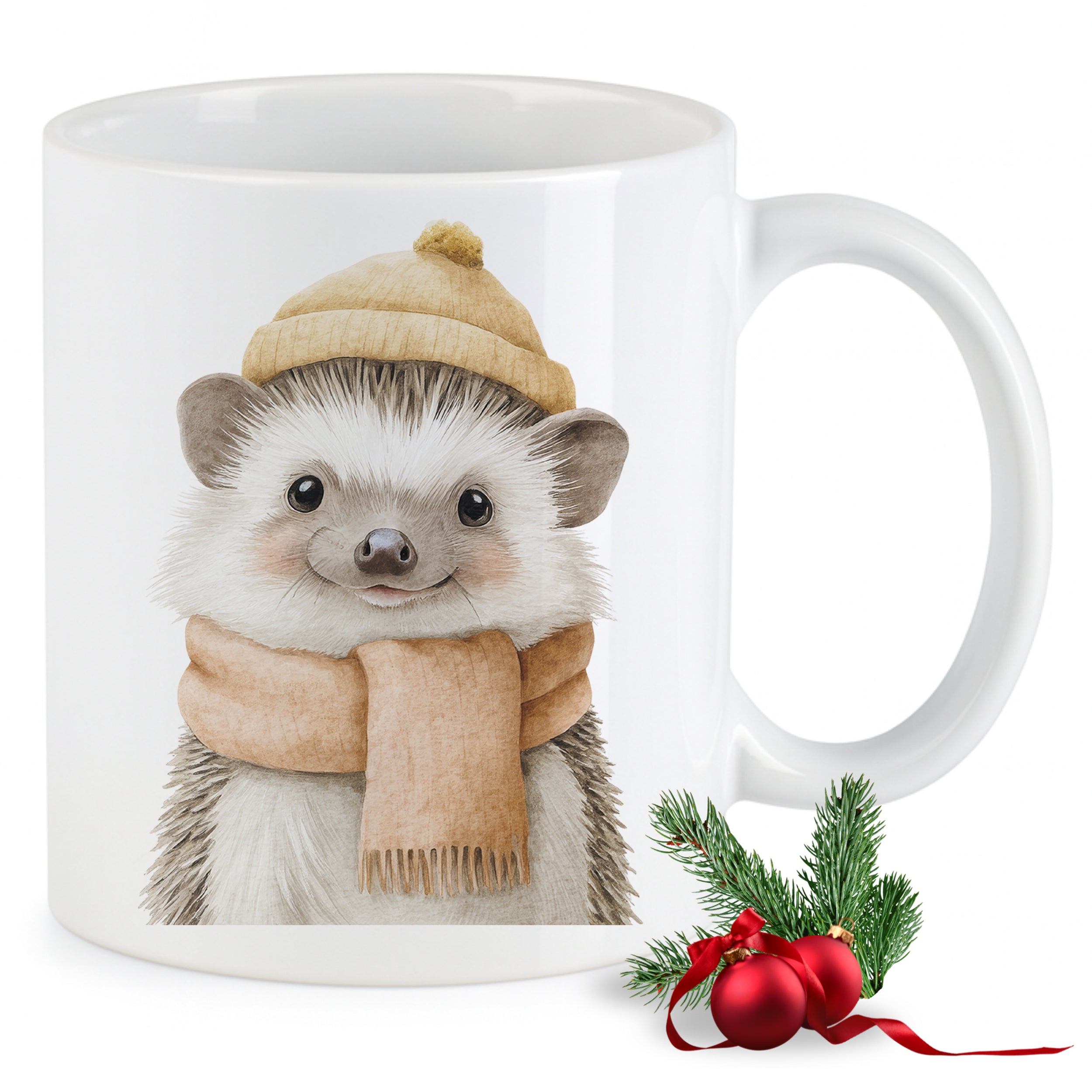 Kaffeetasse mit Igel, gelbe Mütze und braunem Schal.