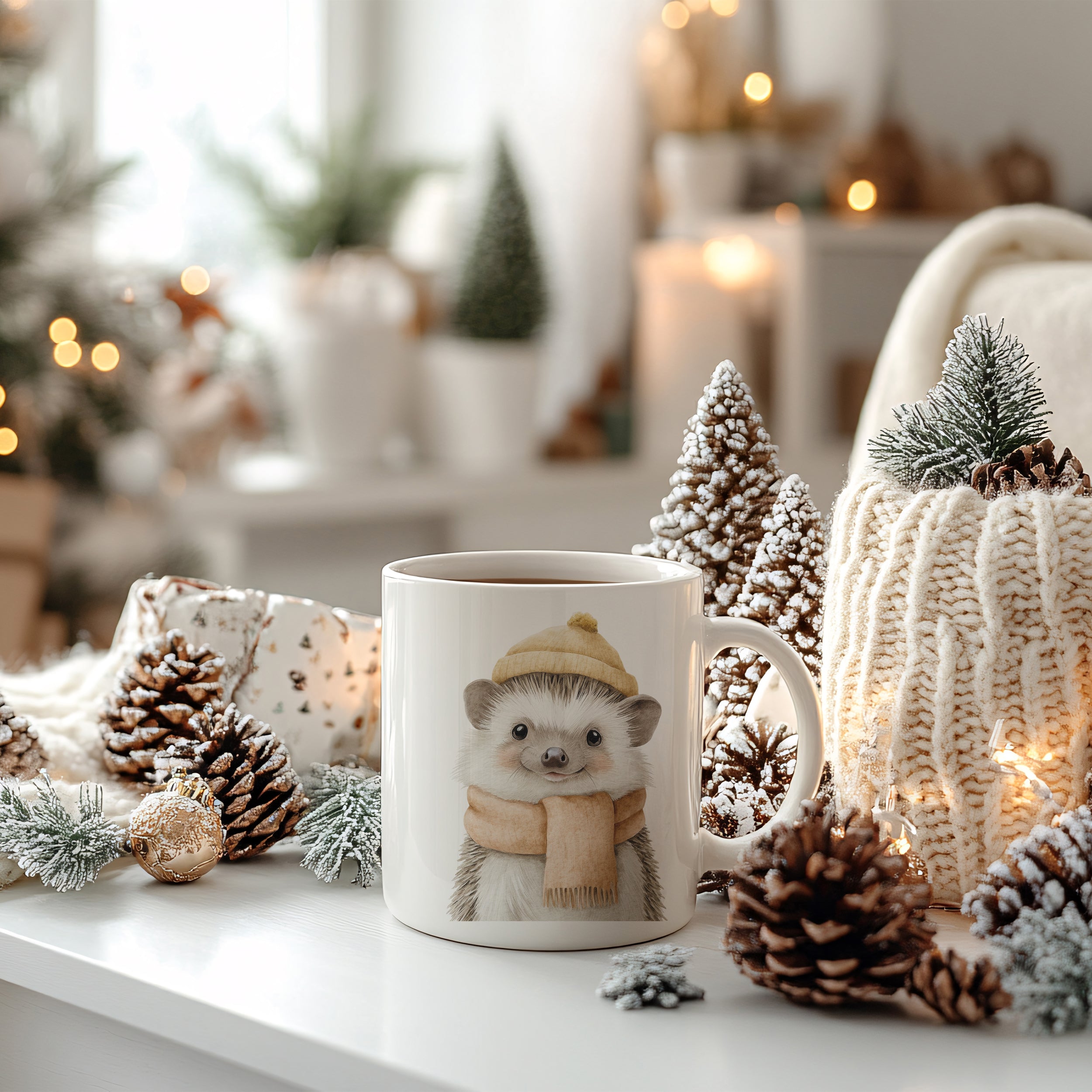 Tasse mit Igel-Motiv, cremefarben, winterliche Dekoration.