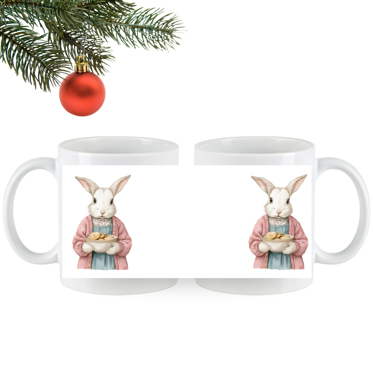 Weiße Tasse mit Kaninchen-Motiv in rosa Kleidung.