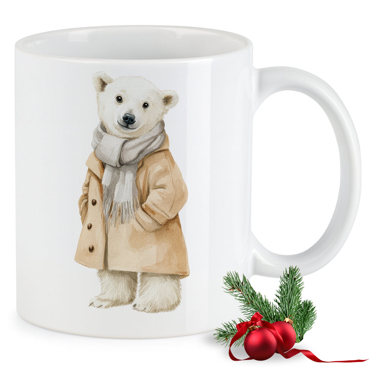 Tasse mit Bärenmotiv, beige Mantel und Schal.