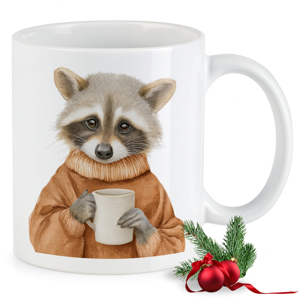 Weißer Kaffeebecher mit süßem Waschbären im Pullover.