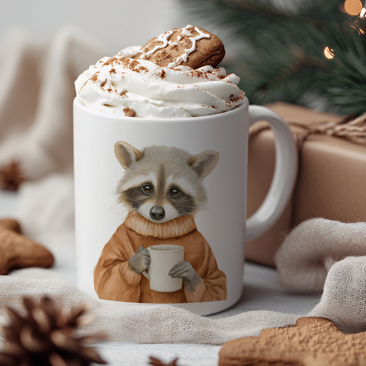 Tasse mit Waschbär-Motiv, weiß, mit Sahne und Keks.