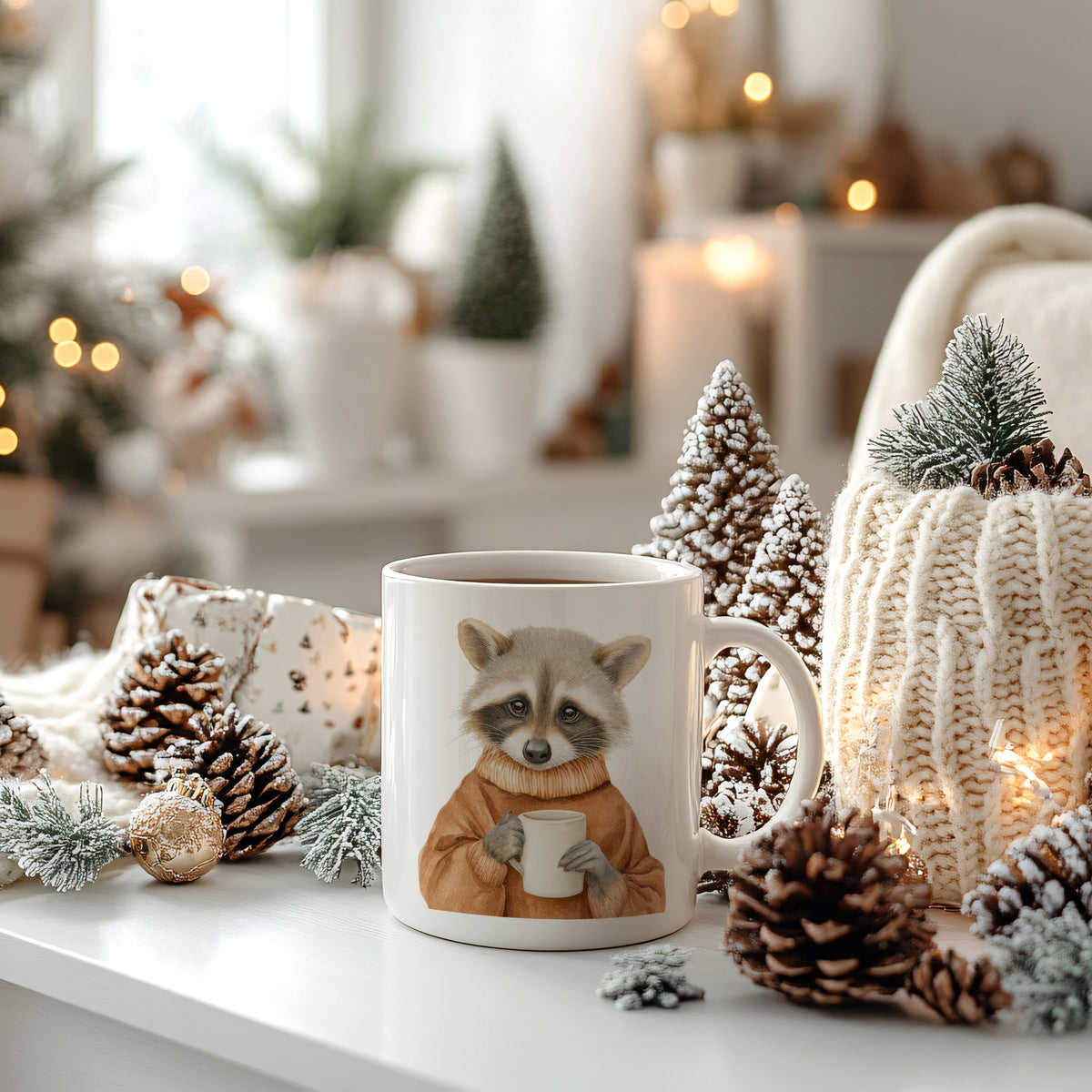 Tasse mit Waschbär-Motiv, beige, umgeben von Tannenzapfen.